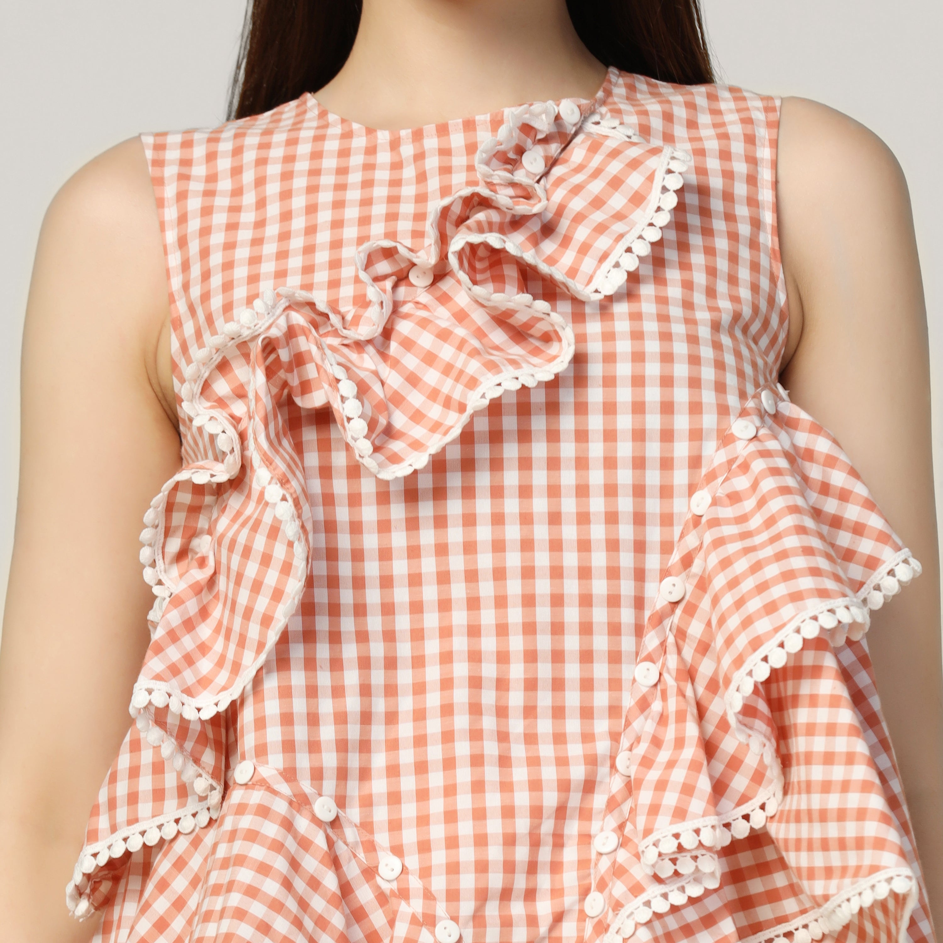 Peach Ruffle Asymmetrical Check Top, tops for women, crop top, crop tops for women, organza tops