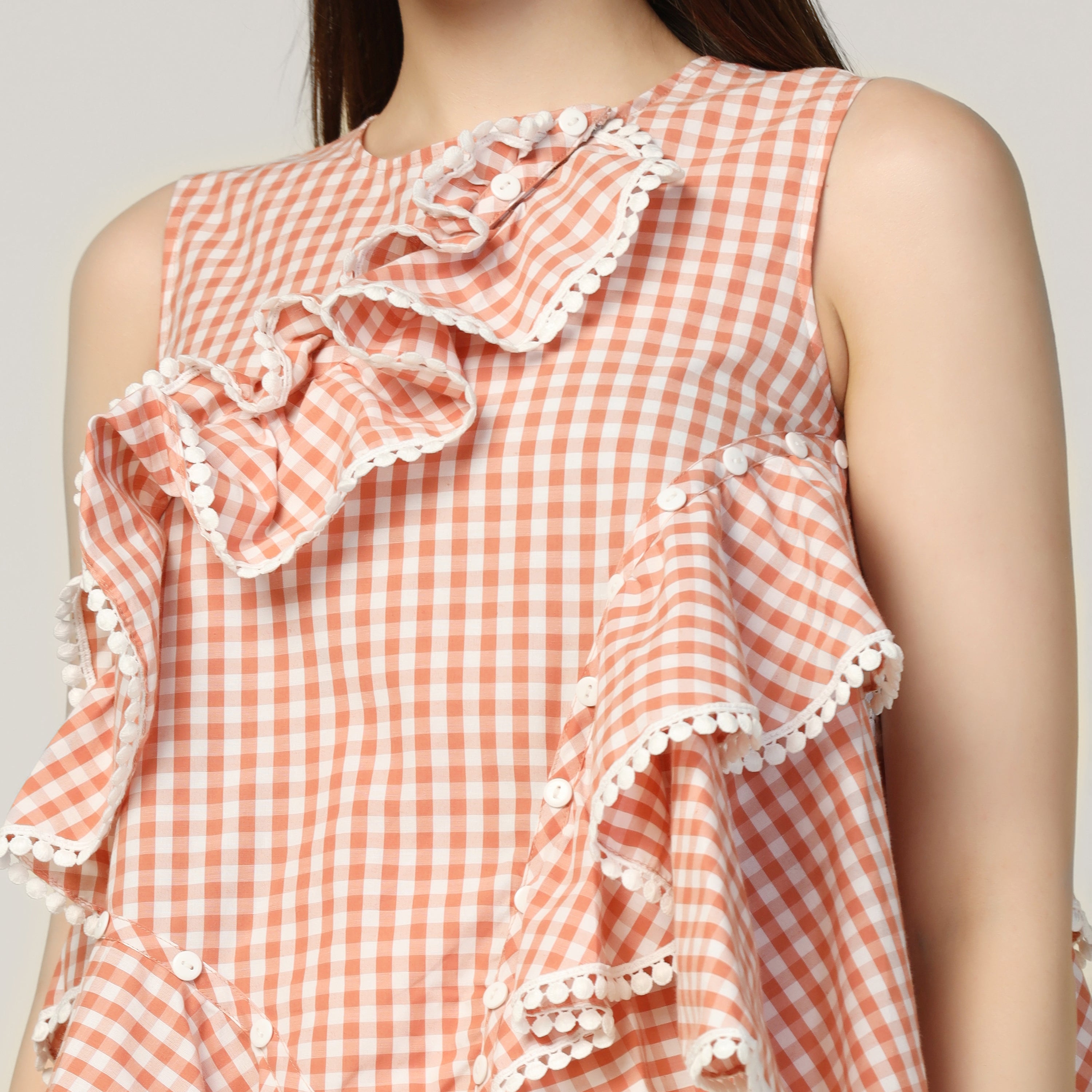 Peach Ruffle Asymmetrical Check Top, tops for women, crop top, crop tops for women, organza tops