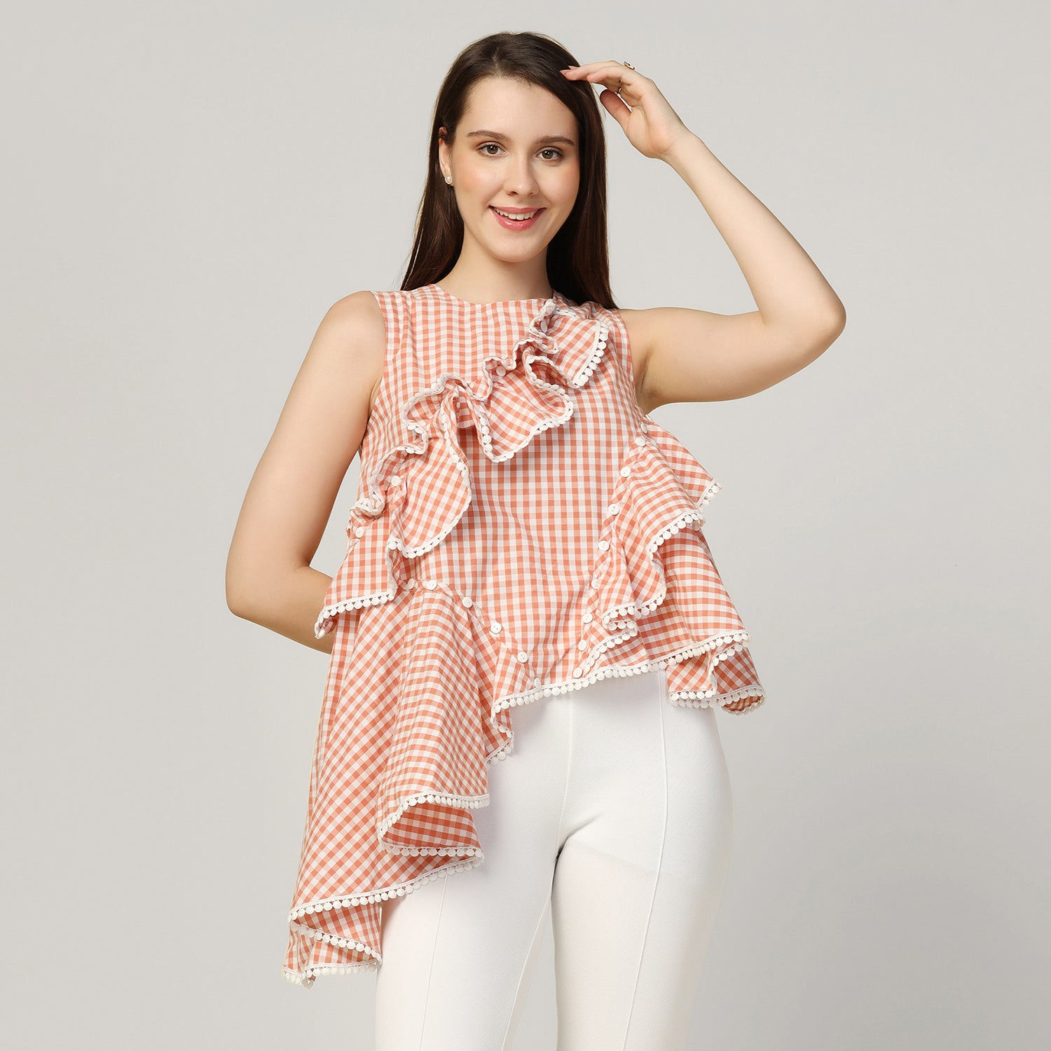 Peach Ruffle Asymmetrical Check Top, tops for women, crop top, crop tops for women, organza tops