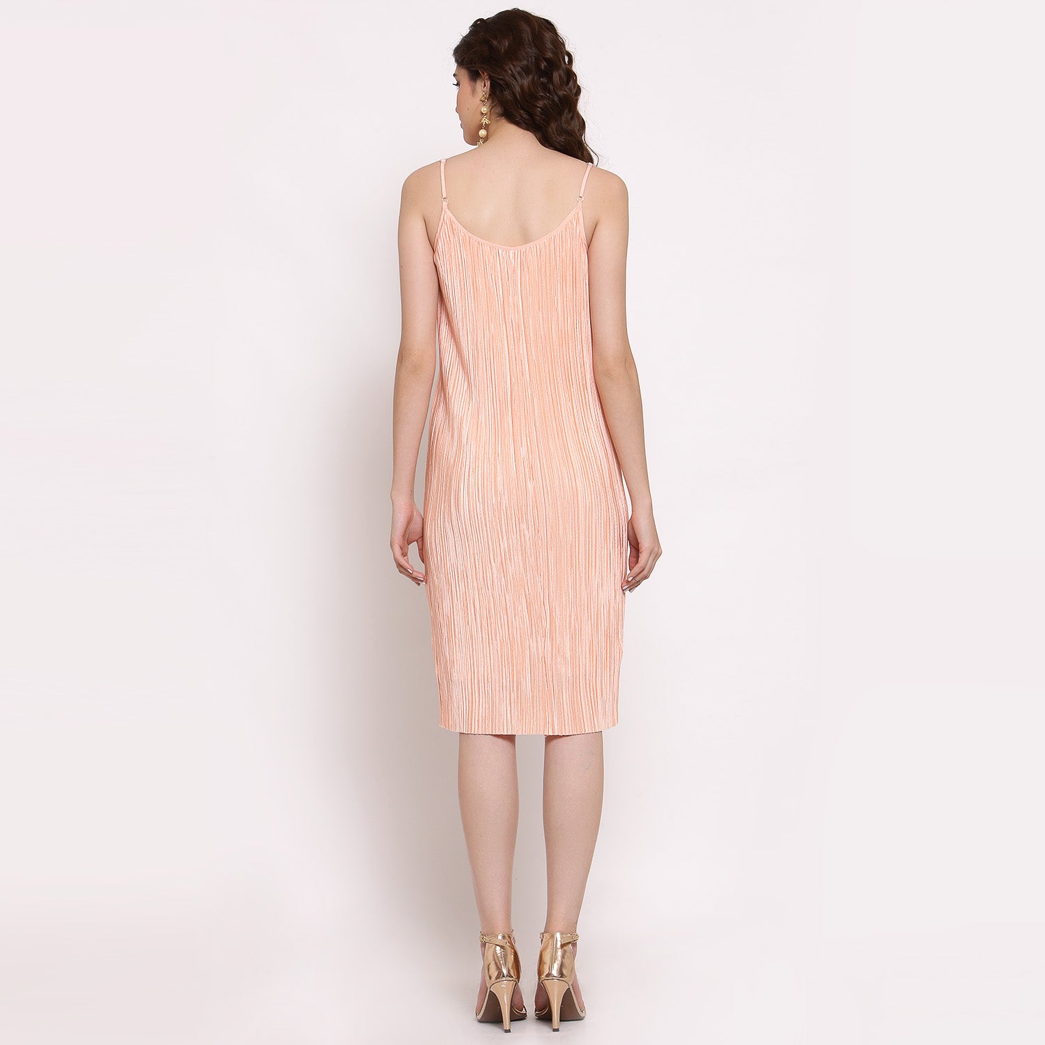Peach Satin Plisse Fabric Spaghetti Dresses for Women-4