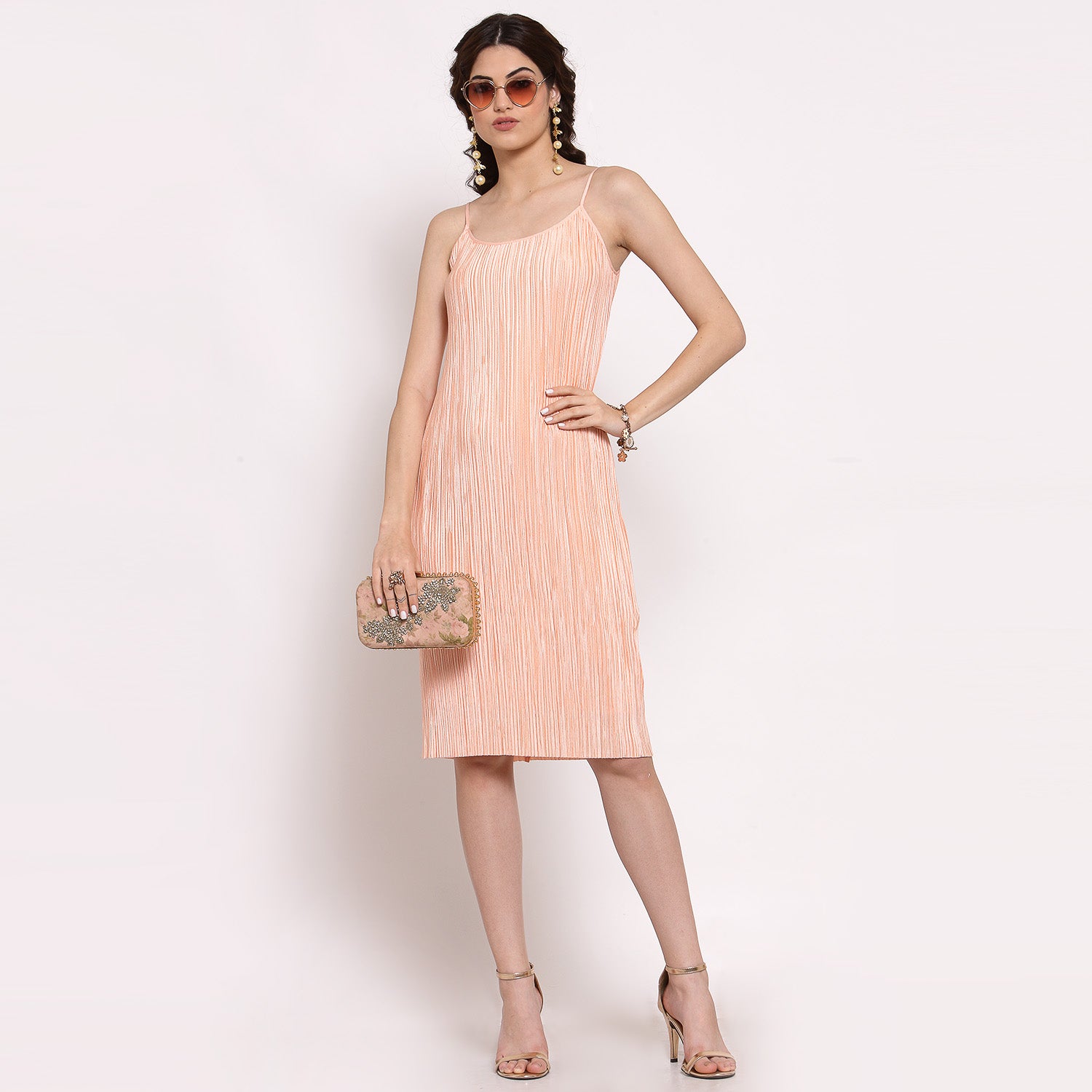 Peach Satin Plisse Fabric Spaghetti Dresses for Women