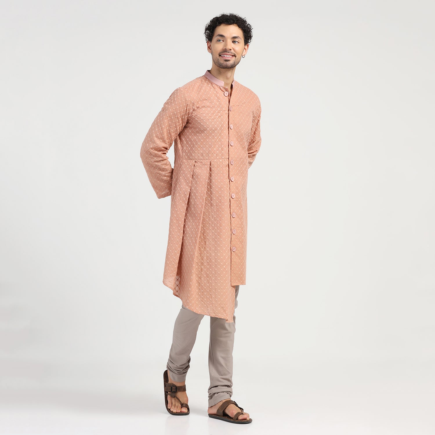 Peach Schiffle Pleated Kurta, men kurta, kurta for men, kurta designs, designer kurta for men 