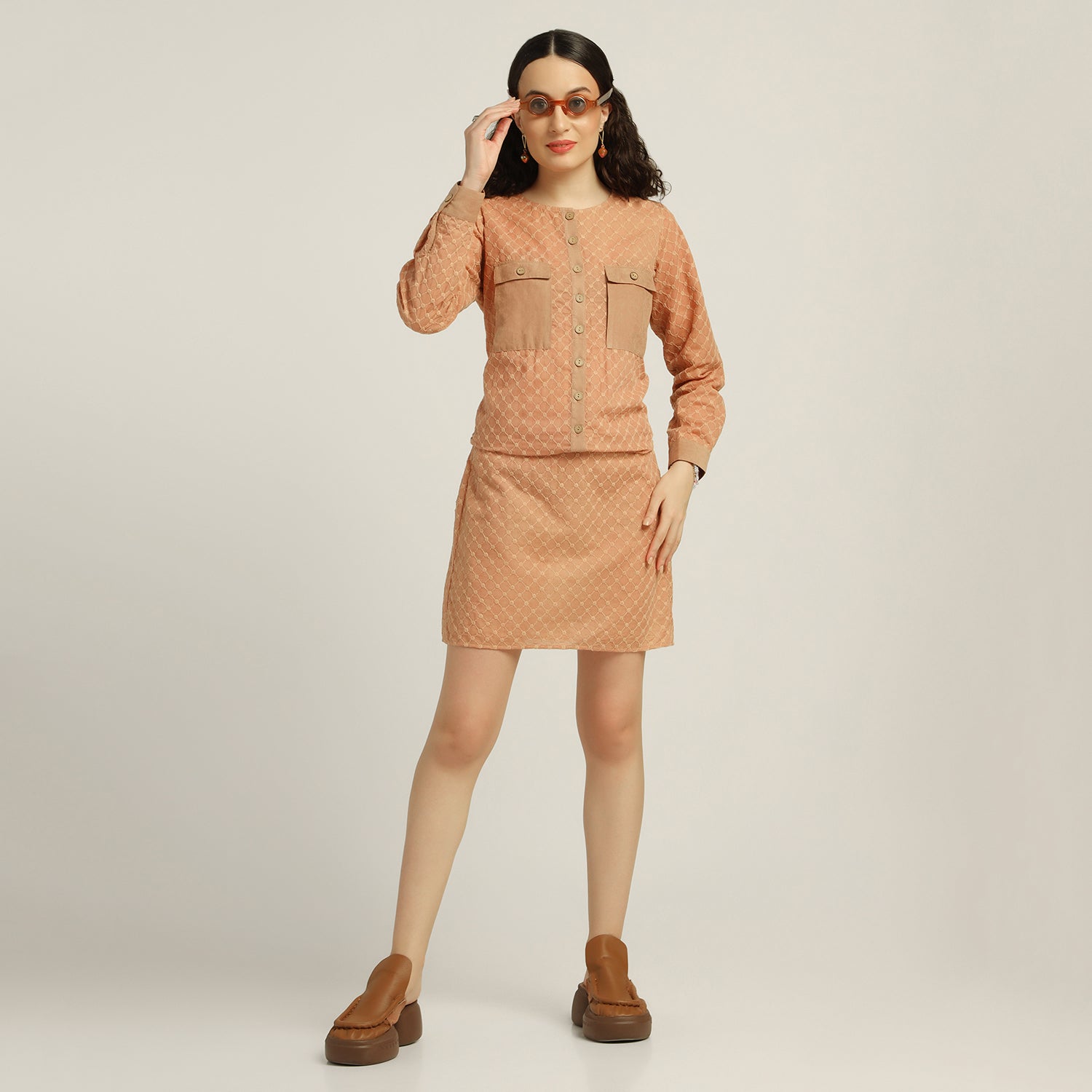 Women Peach Schiffli Dress with Pockets