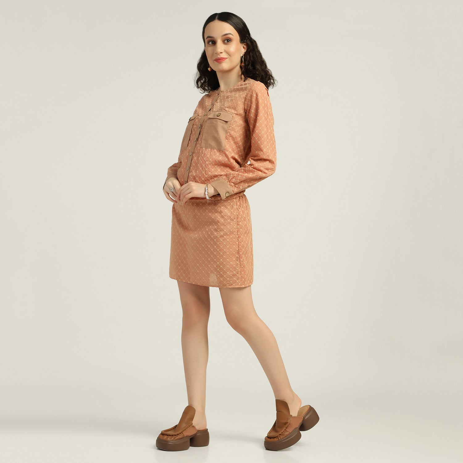 Peach Schiffle Pocket Dress, Mesh Dress , Party dress , Holographic print dress , sequins dress