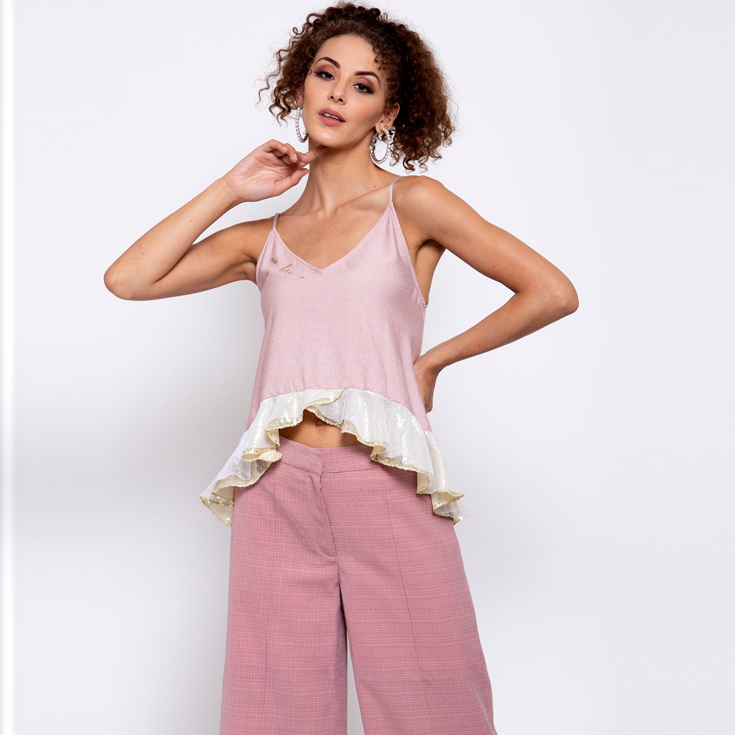Pink Linen Top With Golden Sequins for Women