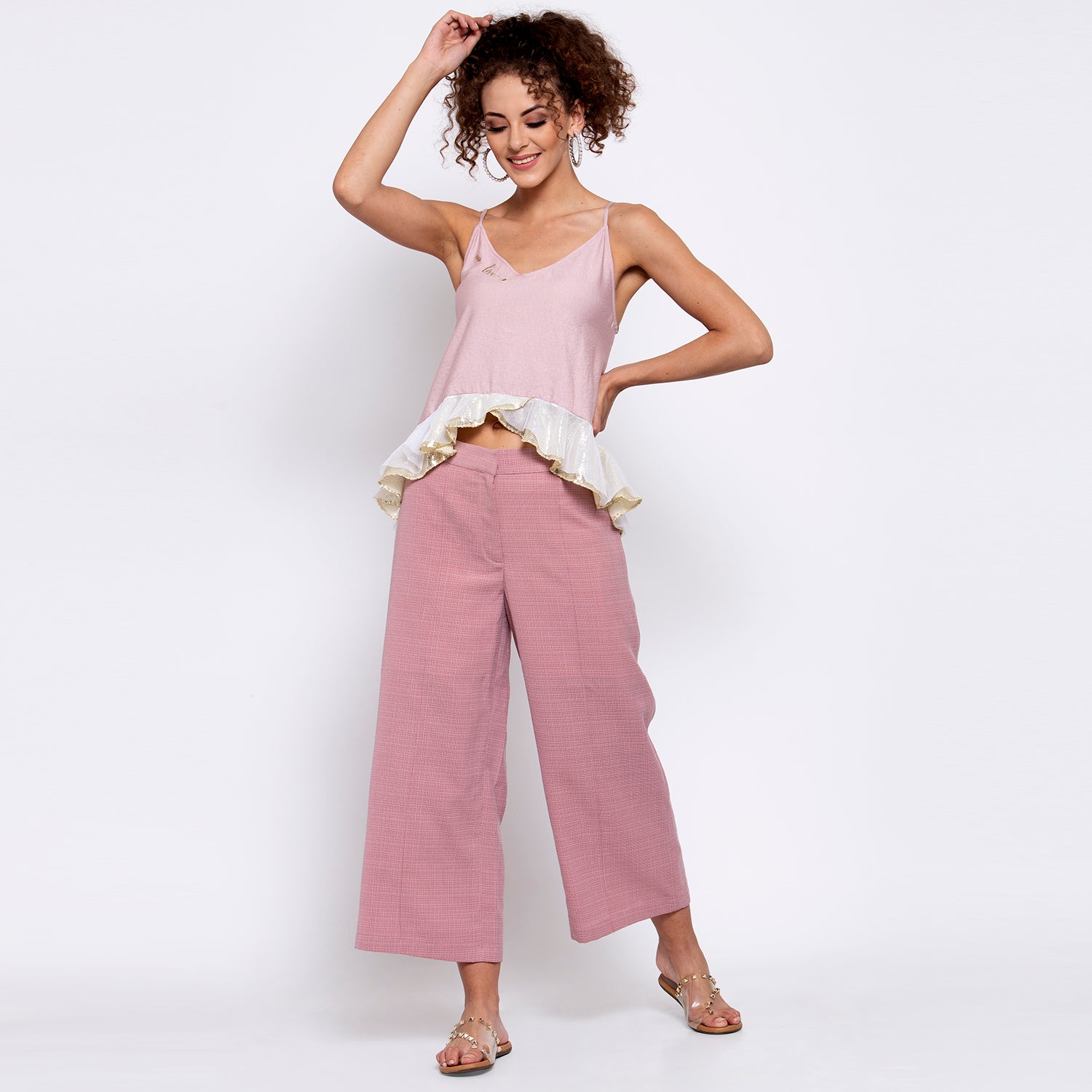 Pink Linen Top With Golden Sequins Frill & Embroidery At Neck, tops for women, crop top, crop tops for women, organza tops