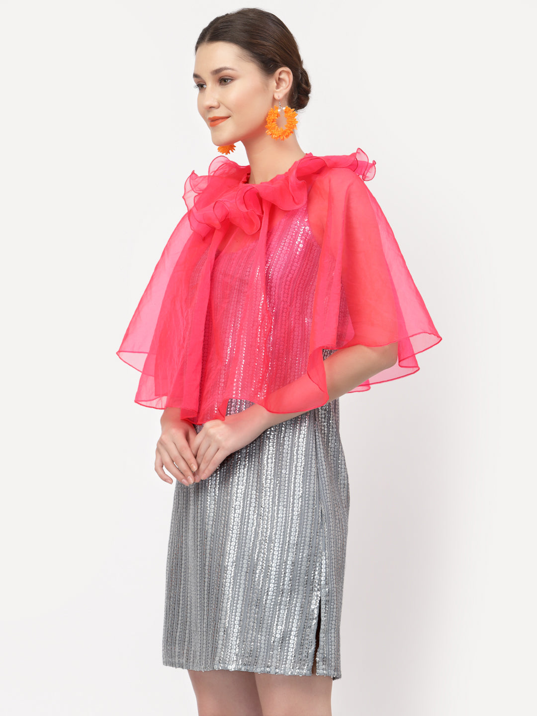 Pink Organza Cape With Frill Neck, Organza jackets, Stylish Jackets, Summer Women’s Jackets, Long Women Jackets , Short jackets for women