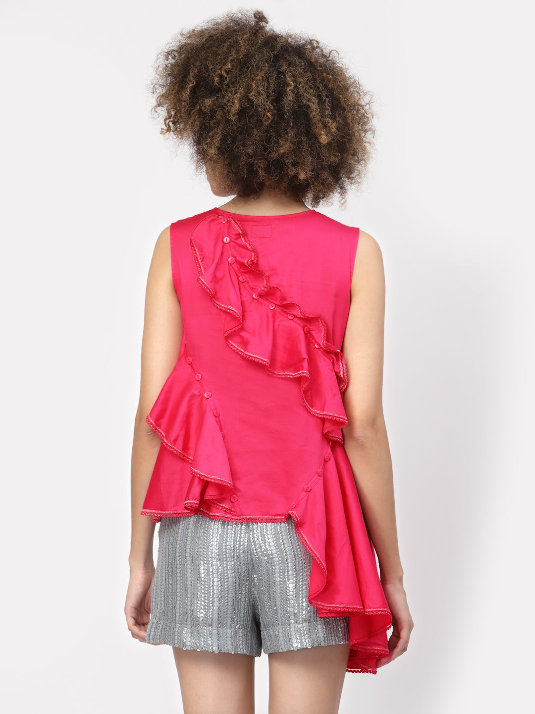 Pink Ruffle Top With Buttons & Lace, tops for women, crop top, crop tops for women, organza tops