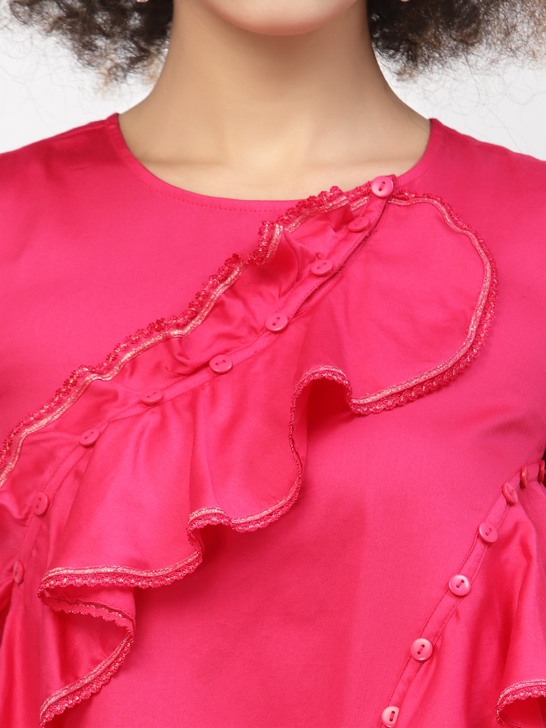 Pink Ruffle Top With Buttons & Lace, tops for women, crop top, crop tops for women, organza tops