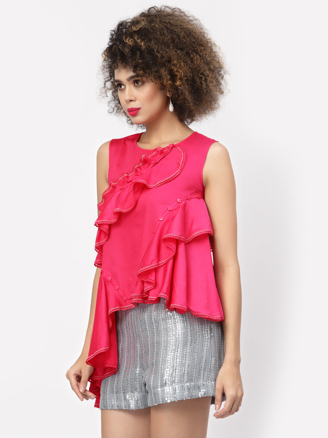 Pink Ruffle Top With Buttons & Lace, tops for women, crop top, crop tops for women, organza tops