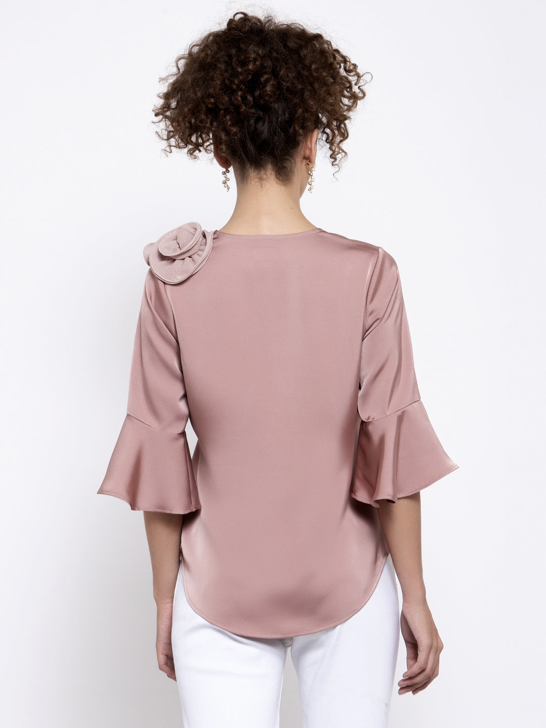 Pink Satin Top With Lurex Flower At Shoulder, tops for women, crop top, crop tops for women, organza tops