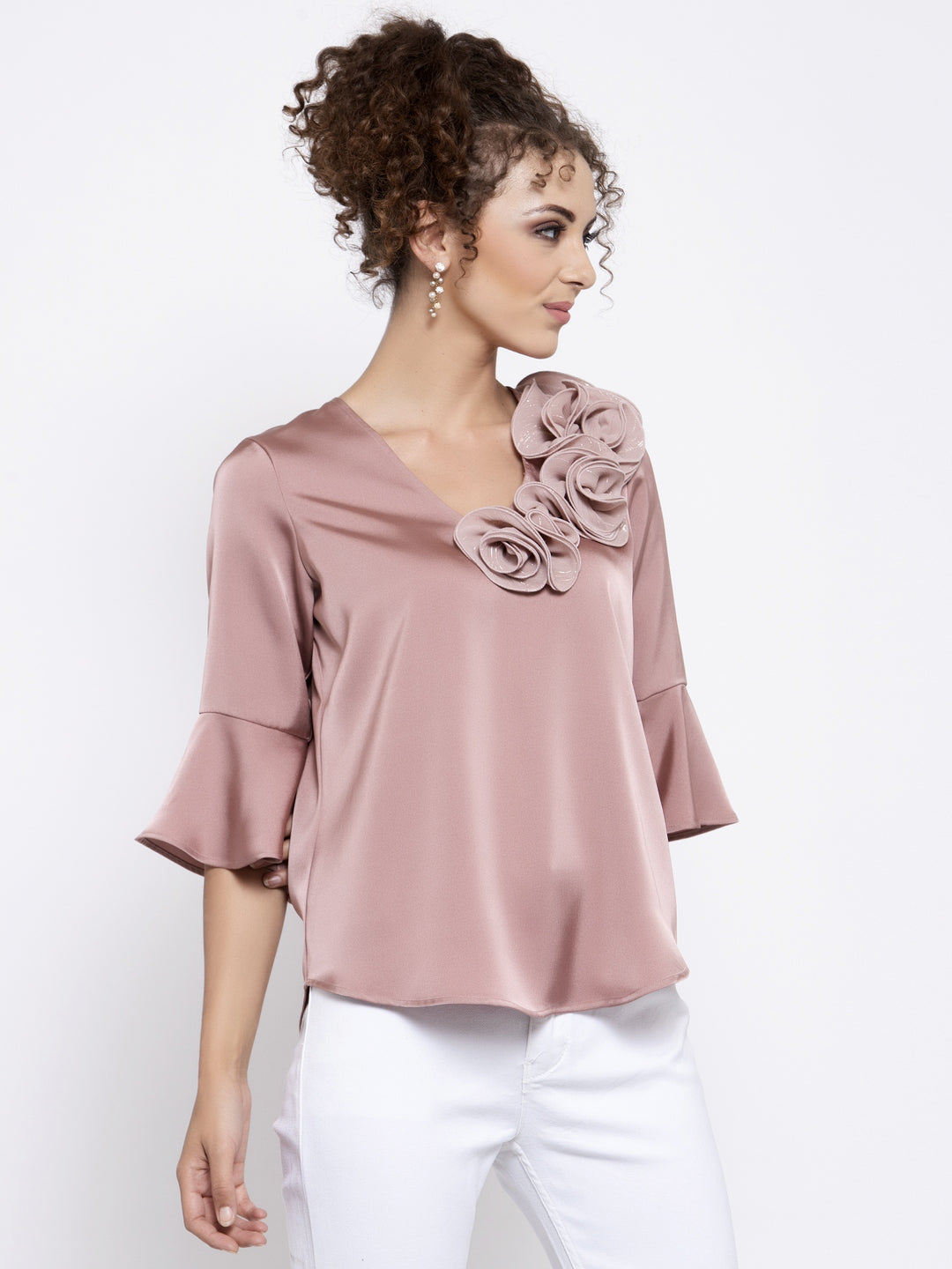 Pink Satin Top With Lurex Flower At Shoulder, tops for women, crop top, crop tops for women, organza tops