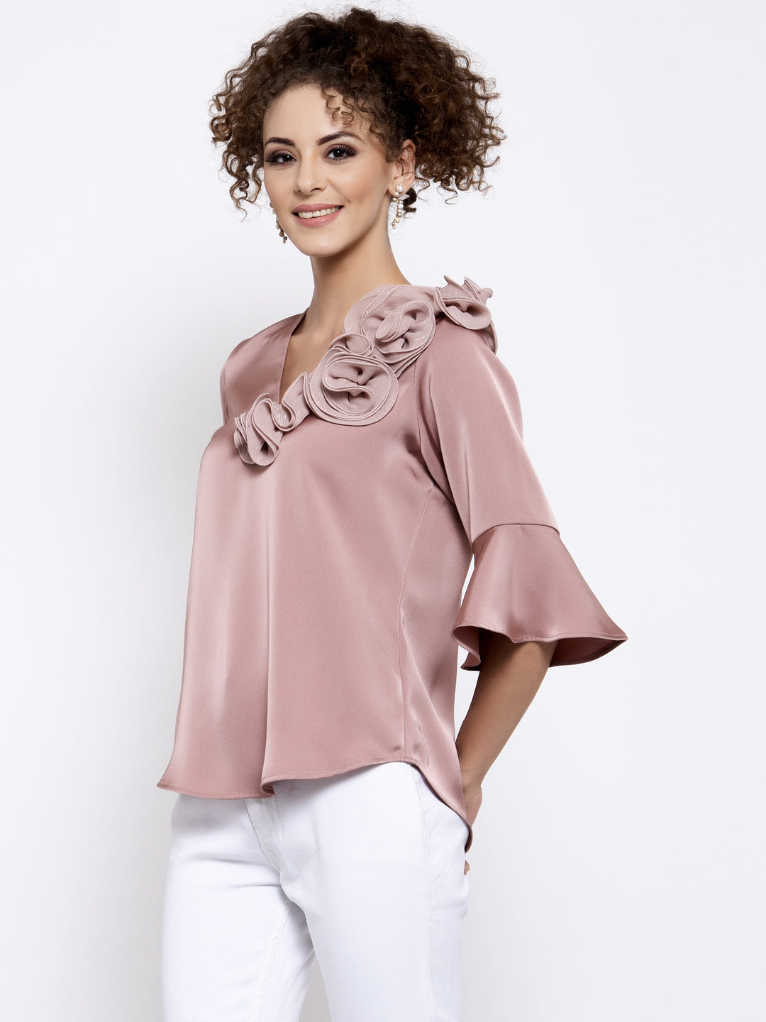 Pink Satin Top With Lurex Flower At Shoulder, tops for women, crop top, crop tops for women, organza tops