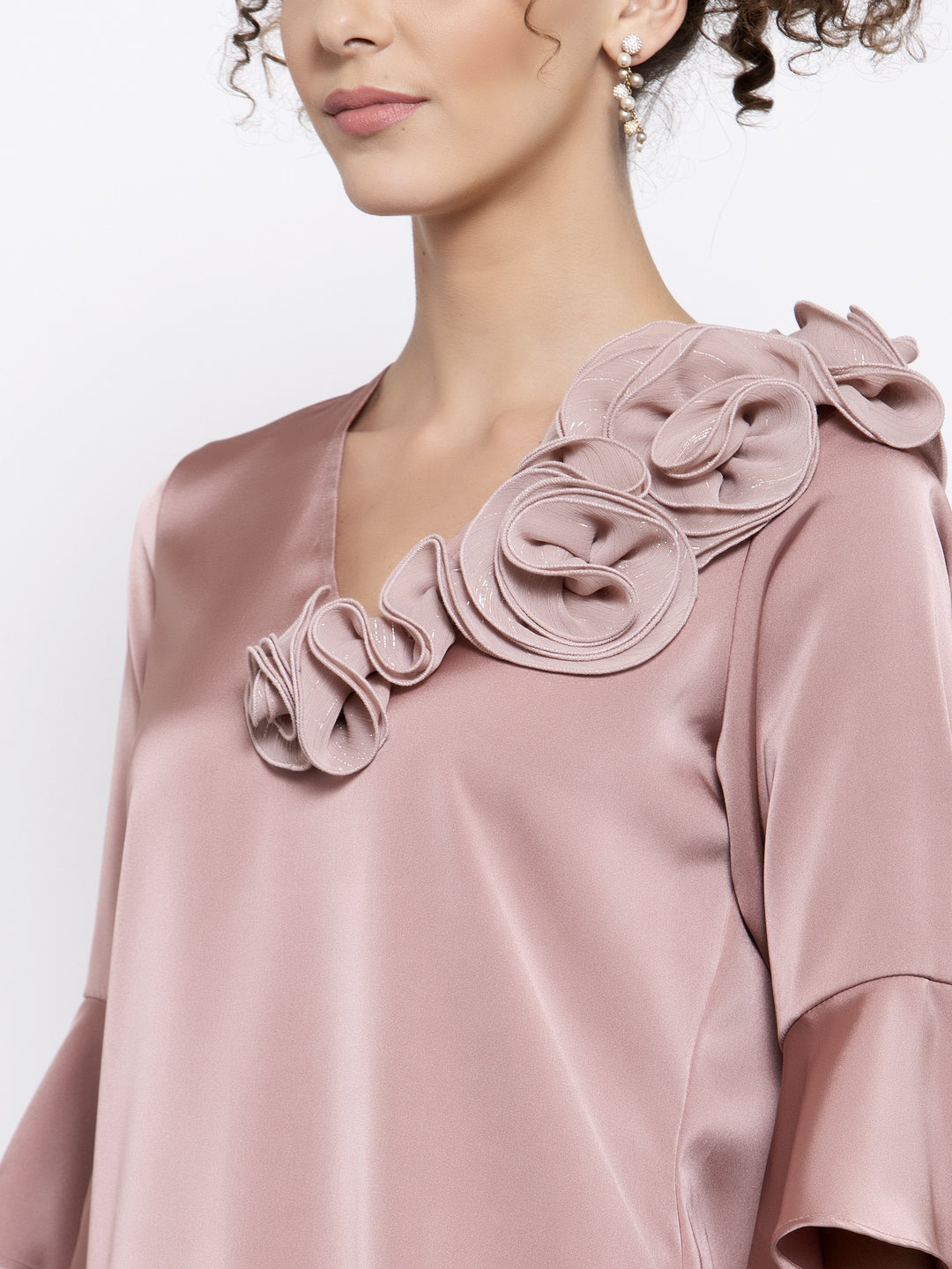 Pink Satin Top With Lurex Flower At Shoulder, tops for women, crop top, crop tops for women, organza tops