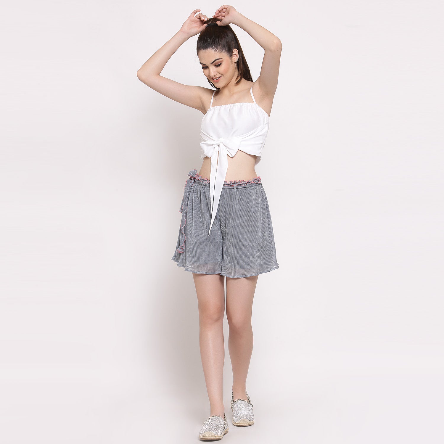 Plisse Grey Shorts With Belt, skirts for women, long skirts for women, crop top and skirt, women in short skirts