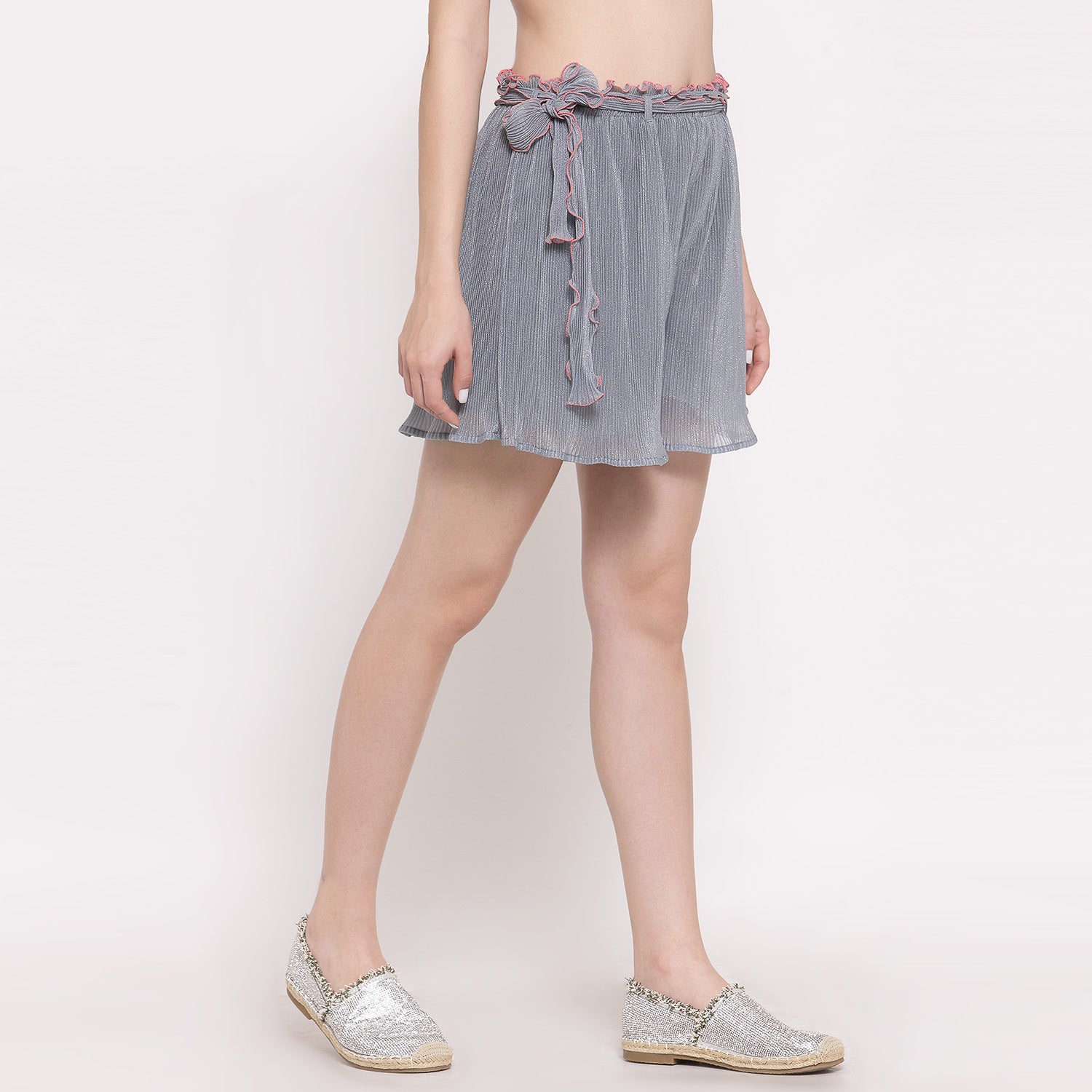 Plisse Grey Shorts With Belt, skirts for women, long skirts for women, crop top and skirt, women in short skirts