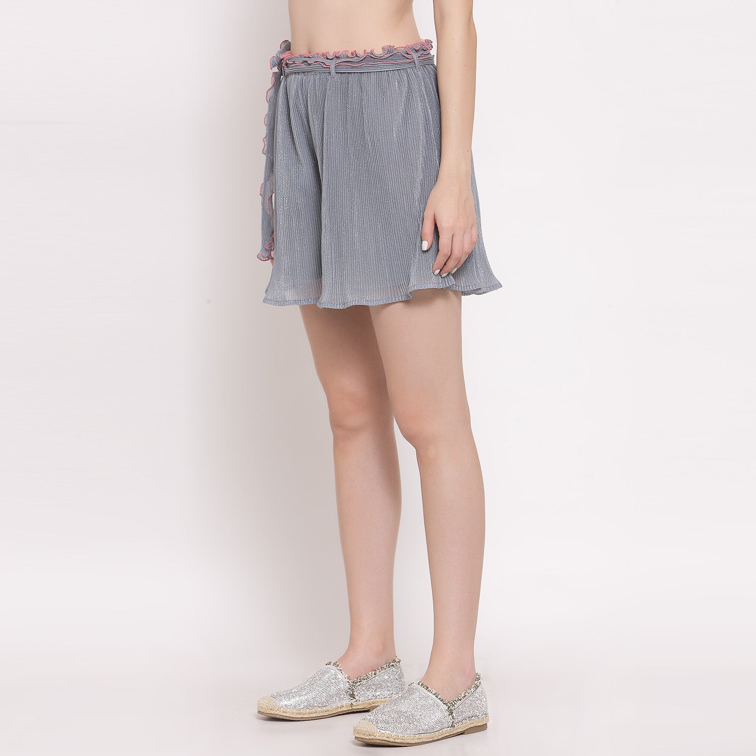 Plisse Grey Shorts With Belt, skirts for women, long skirts for women, crop top and skirt, women in short skirts