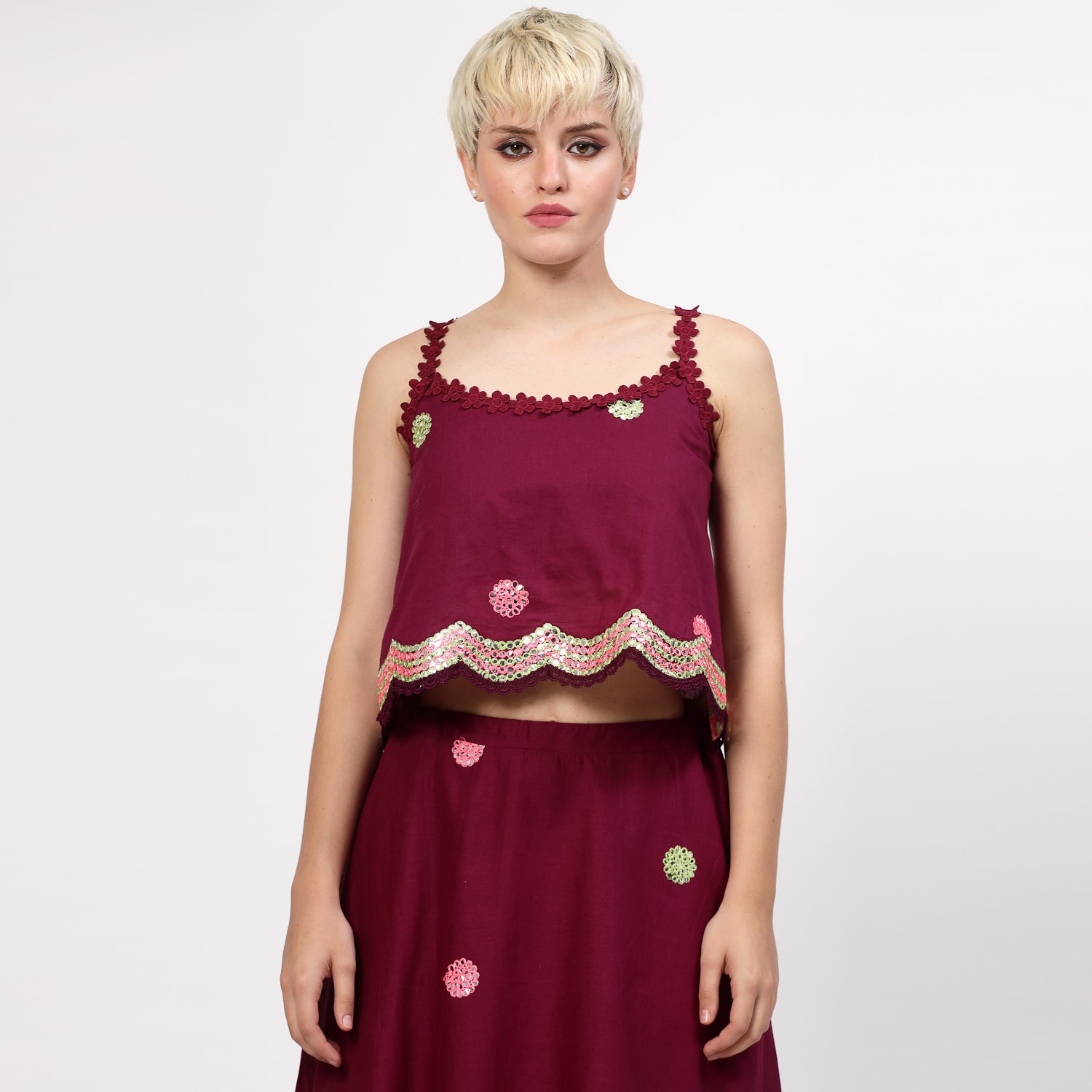 Purple Cotton Crop Top with Mirror Embroidery