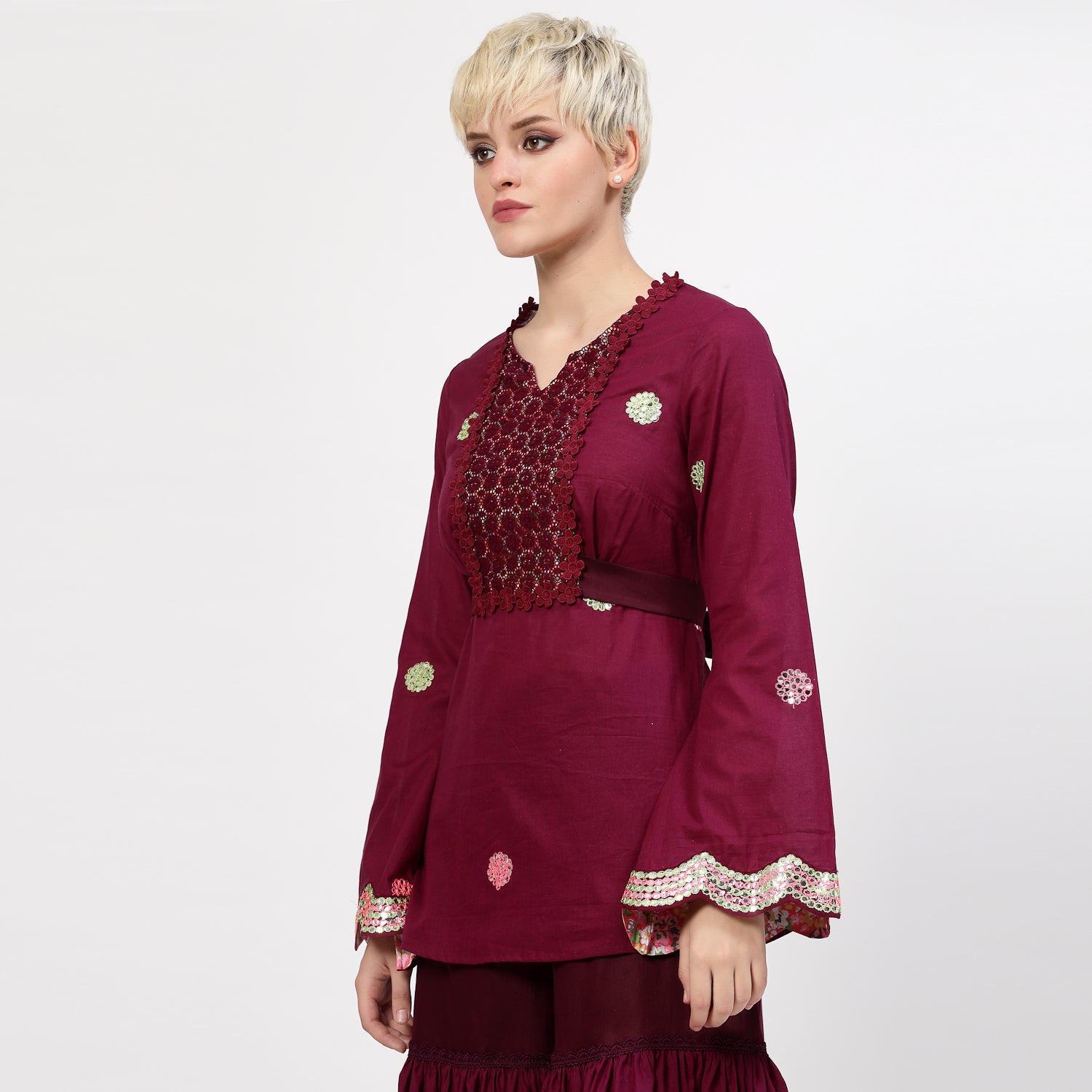 Purple Cotton Mirror Embroidery Top With Flower Net Lace At Yoke, tops for women, crop top, crop tops for women, organza tops