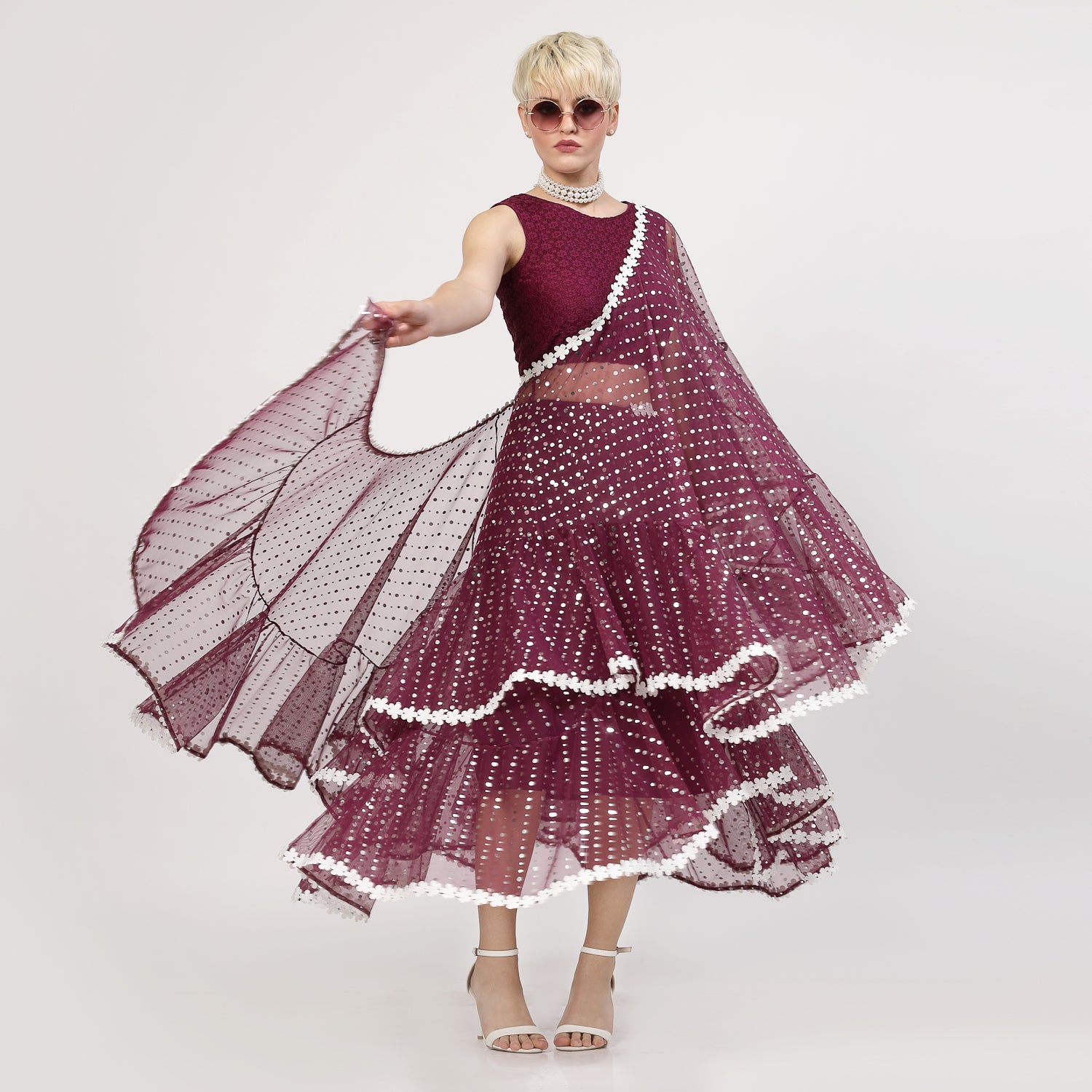 Purple Flower Without Sleeves Net Blouse, Blouses, women blouses, trendy blouses, fashionable blouses, blouses designs