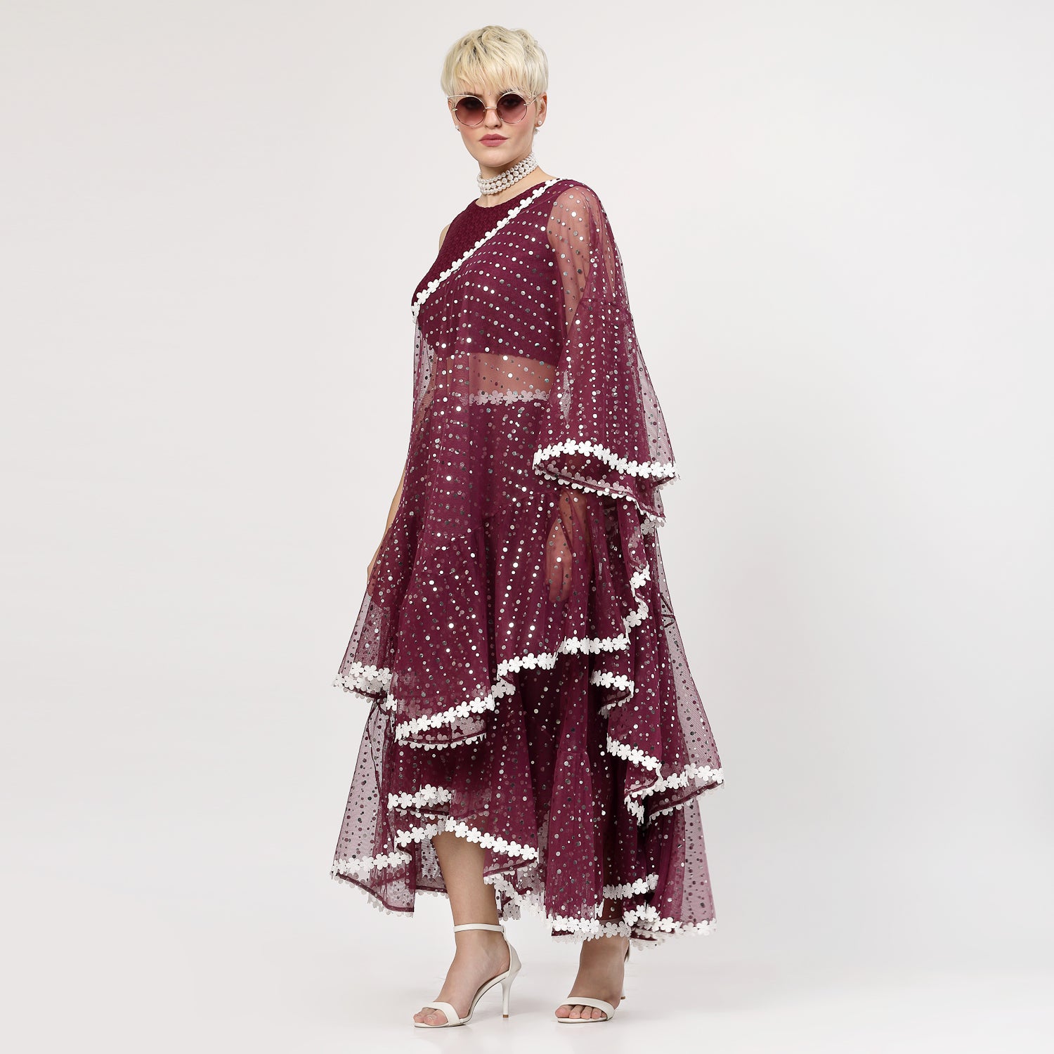 Purple Flower Without Sleeves Net Blouse, Blouses, women blouses, trendy blouses, fashionable blouses, blouses designs
