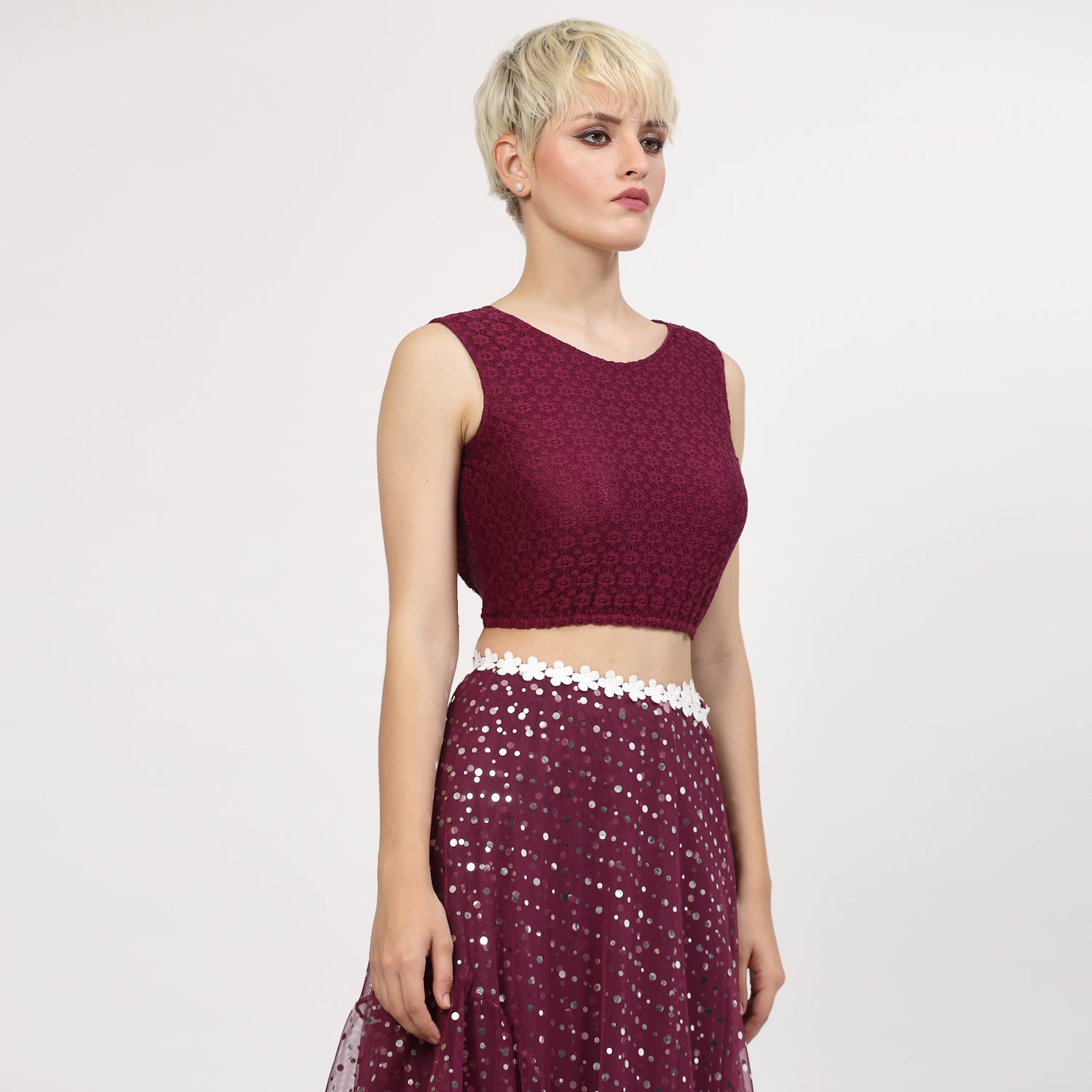 Purple Flower Without Sleeves Net Blouse, Blouses, women blouses, trendy blouses, fashionable blouses, blouses designs