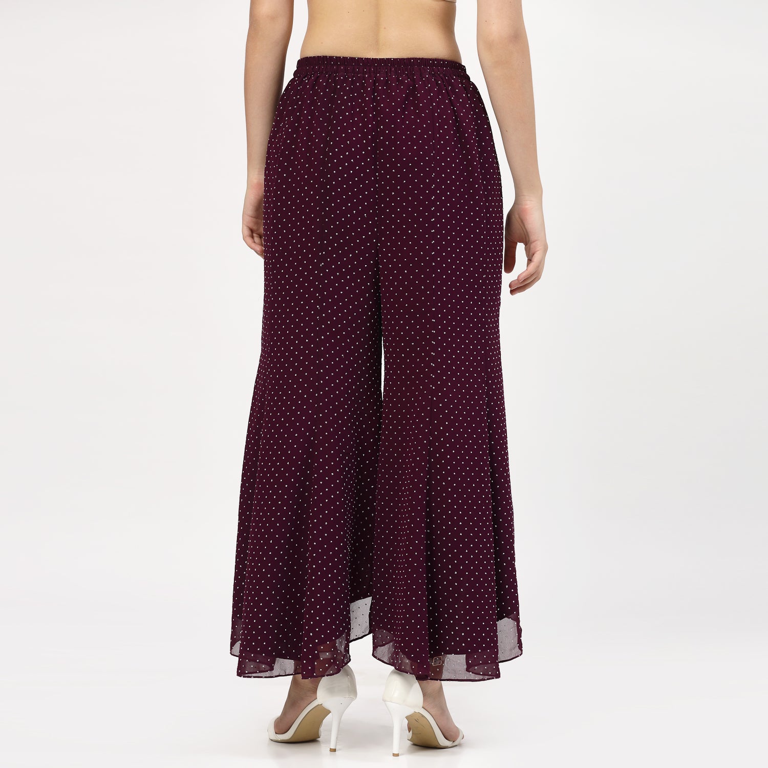 Purple Georgette Asymmetrical Plazzo with Silver Dots, Velvet Bell Bottom Pants , Stylish Women pants , Floral print palazzos