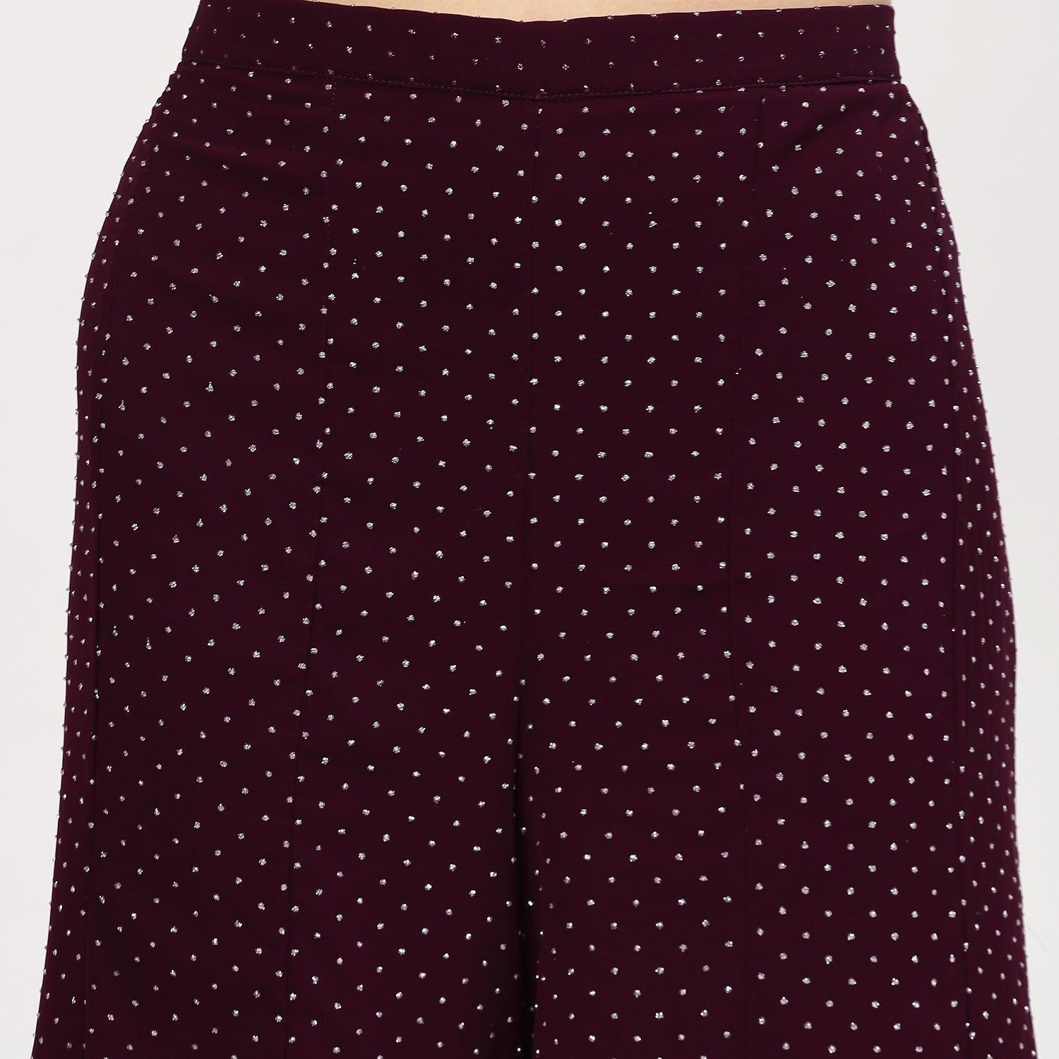 Purple Georgette Asymmetrical Plazzo with Silver Dots, Velvet Bell Bottom Pants , Stylish Women pants , Floral print palazzos