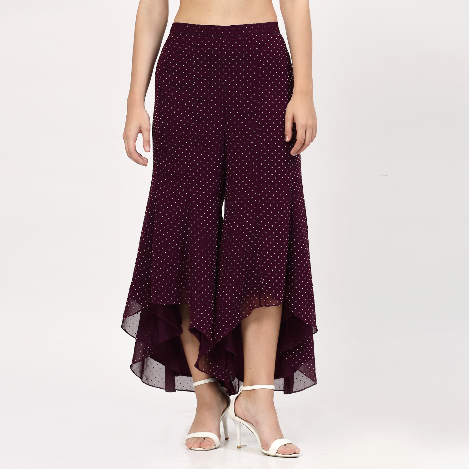 Purple Georgette Asymmetrical Plazzo with Silver Dots, Velvet Bell Bottom Pants , Stylish Women pants , Floral print palazzos