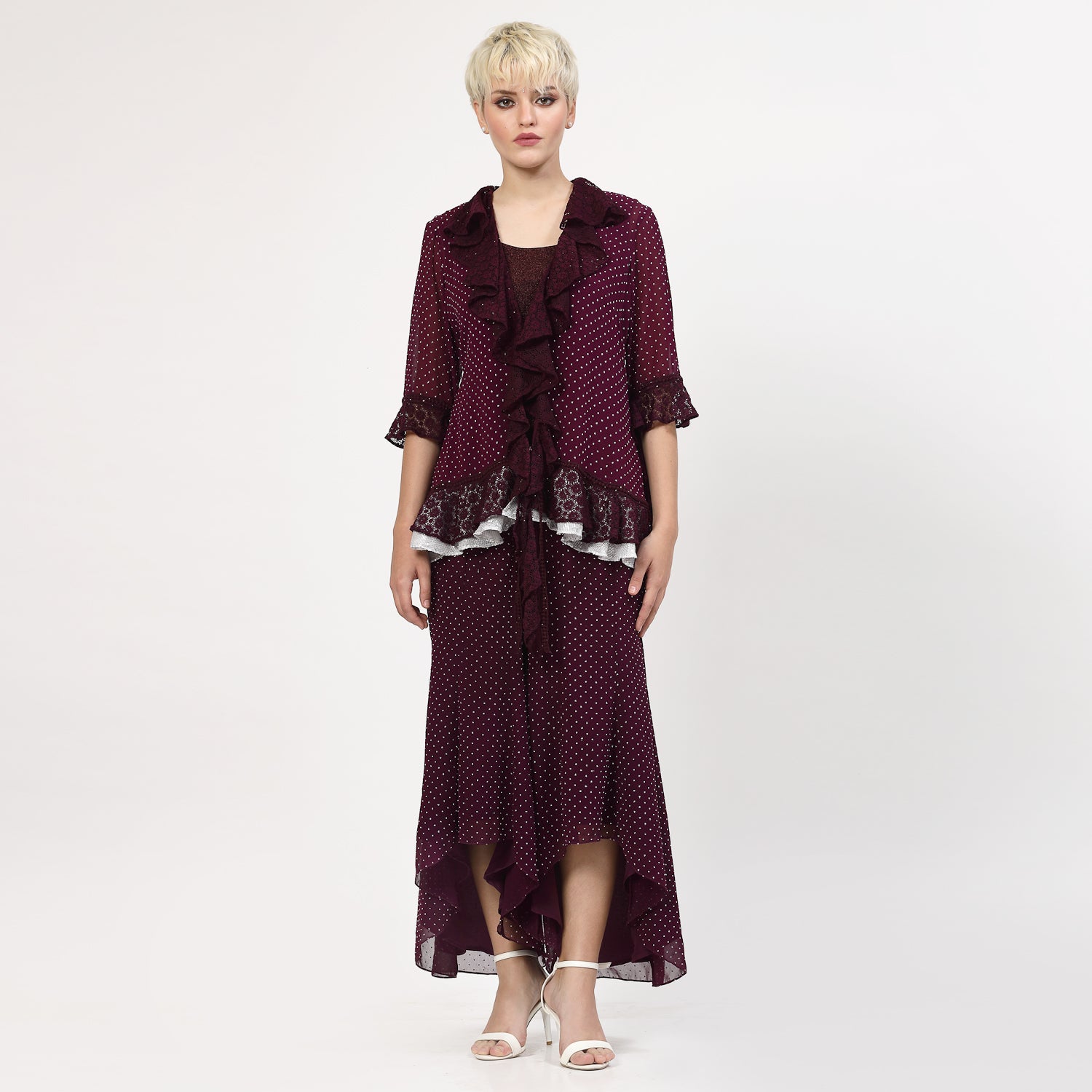 Purple Georgette Asymmetrical Plazzo with Silver Dots, Velvet Bell Bottom Pants , Stylish Women pants , Floral print palazzos