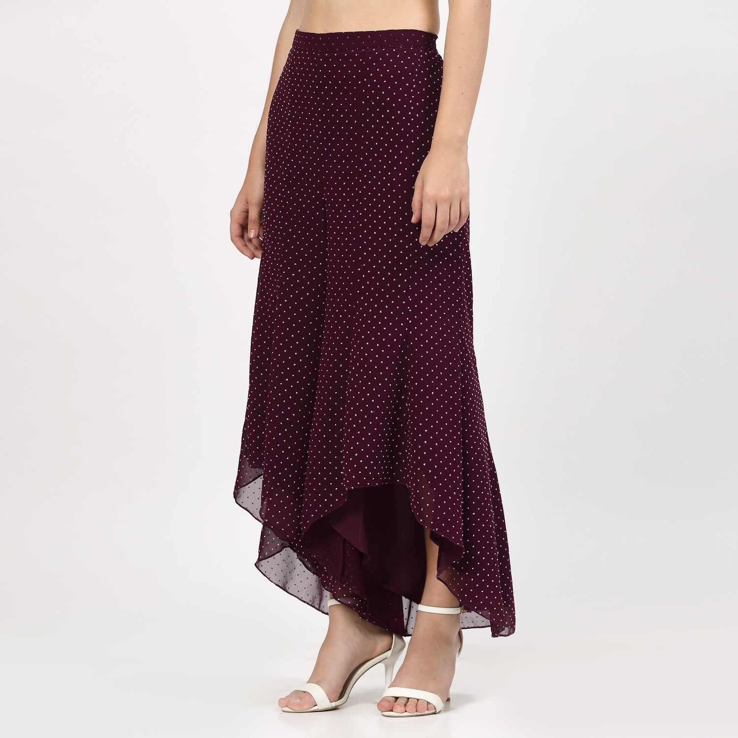 Purple Georgette Asymmetrical Plazzo with Silver Dots, Velvet Bell Bottom Pants , Stylish Women pants , Floral print palazzos