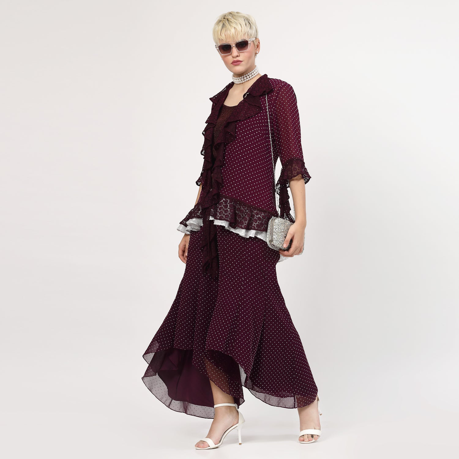 Purple Georgette Asymmetrical Plazzo with Silver Dots, Velvet Bell Bottom Pants , Stylish Women pants , Floral print palazzos