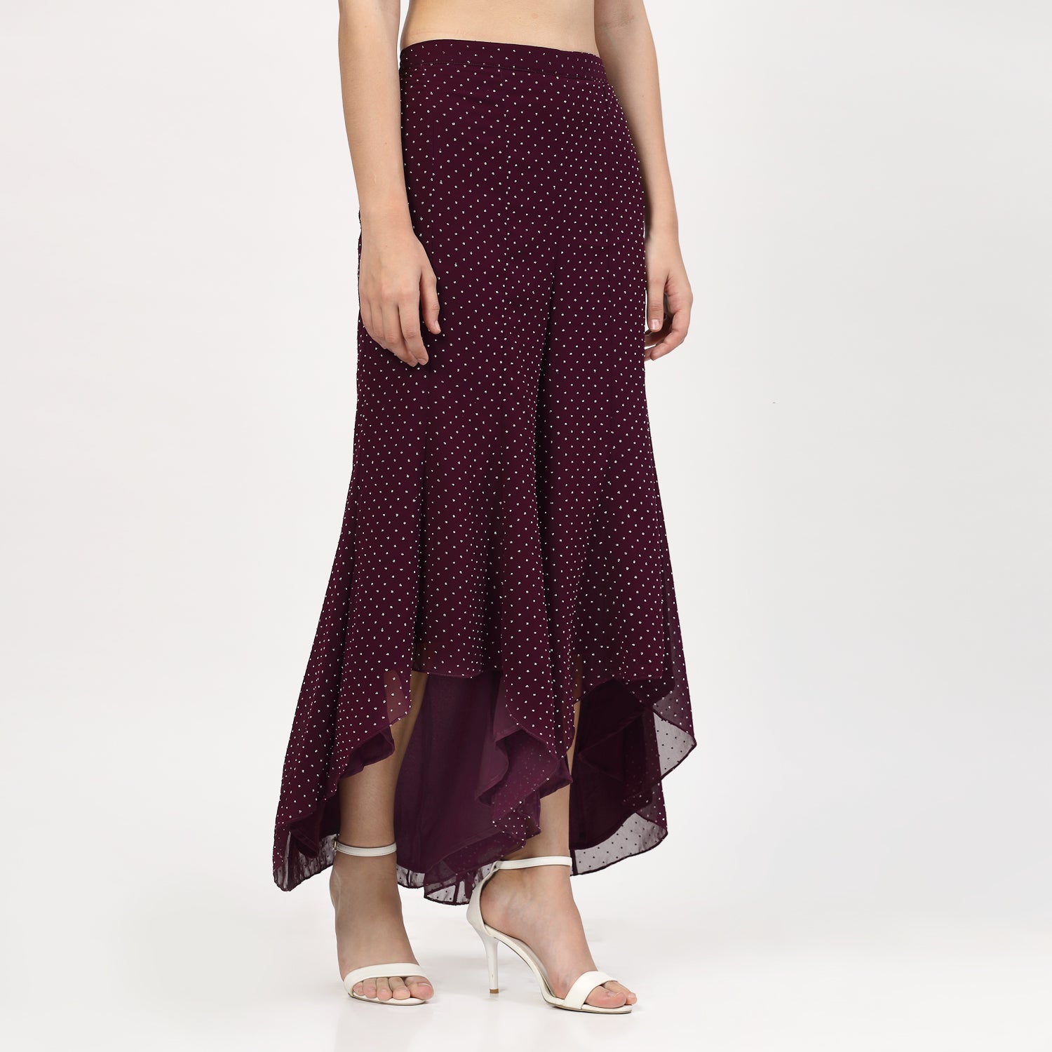 Purple Georgette Asymmetrical Plazzo with Silver Dots, Velvet Bell Bottom Pants , Stylish Women pants , Floral print palazzos