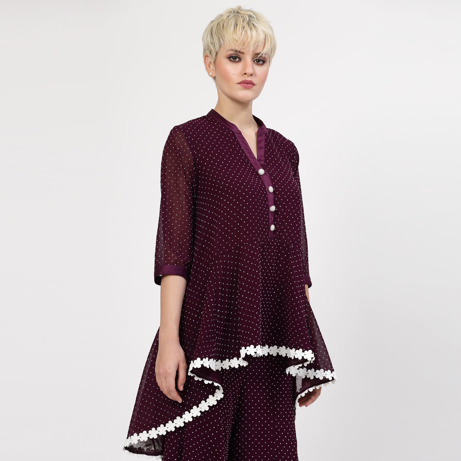 Purple Georgette Asymmetrical Top with Silver Dots, tops for women, crop top, crop tops for women, organza tops