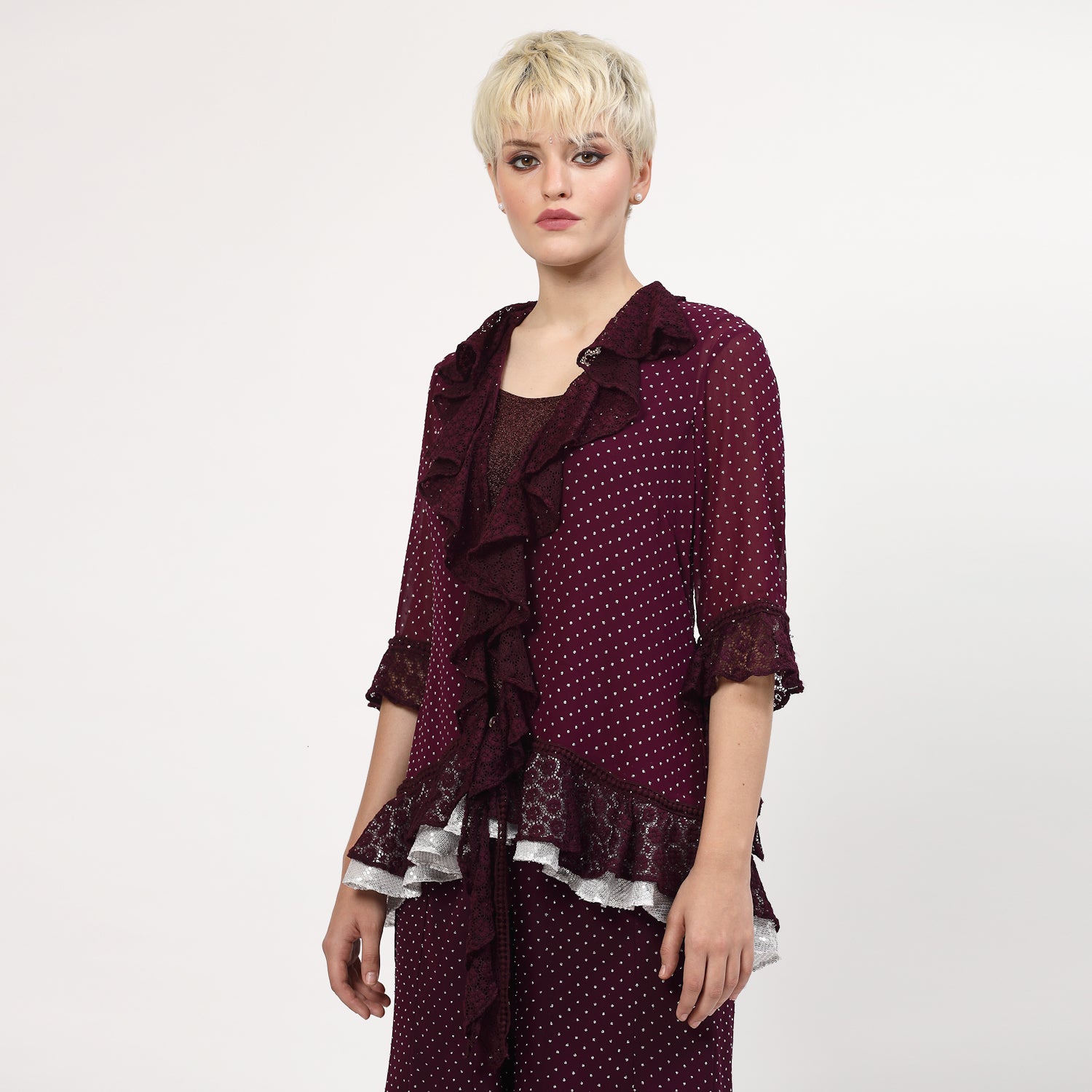 Purple Georgette Frill Shrug With Silver Dots And Inner, shrugs, shrugs for women, net shrug, party wear shrugs, shrugs designs