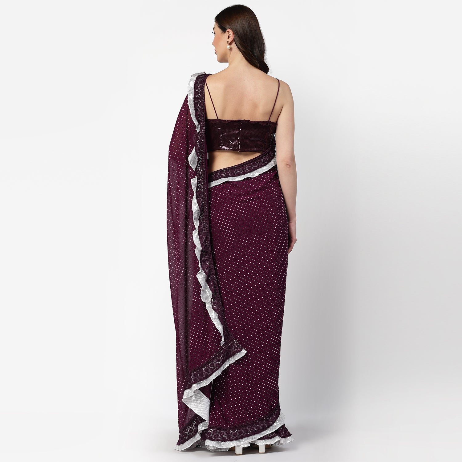 Purple Georgette Saree With Silver Dot And Sequins Frill, saree for women, saree designs, trendy sarees, party wear saree, party wear saree for women