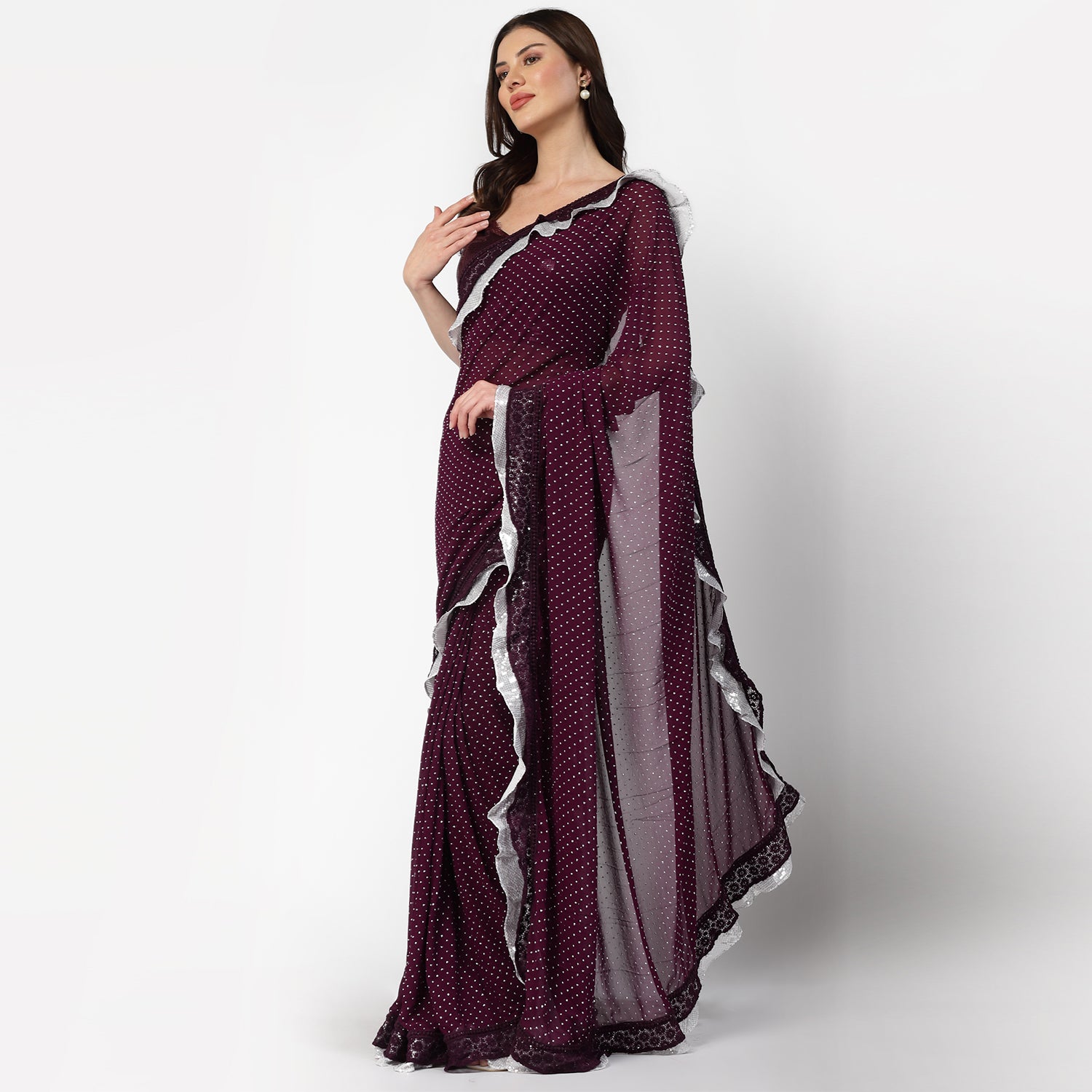 Purple Georgette Saree With Silver Dot And Sequins Frill, saree for women, saree designs, trendy sarees, party wear saree, party wear saree for women