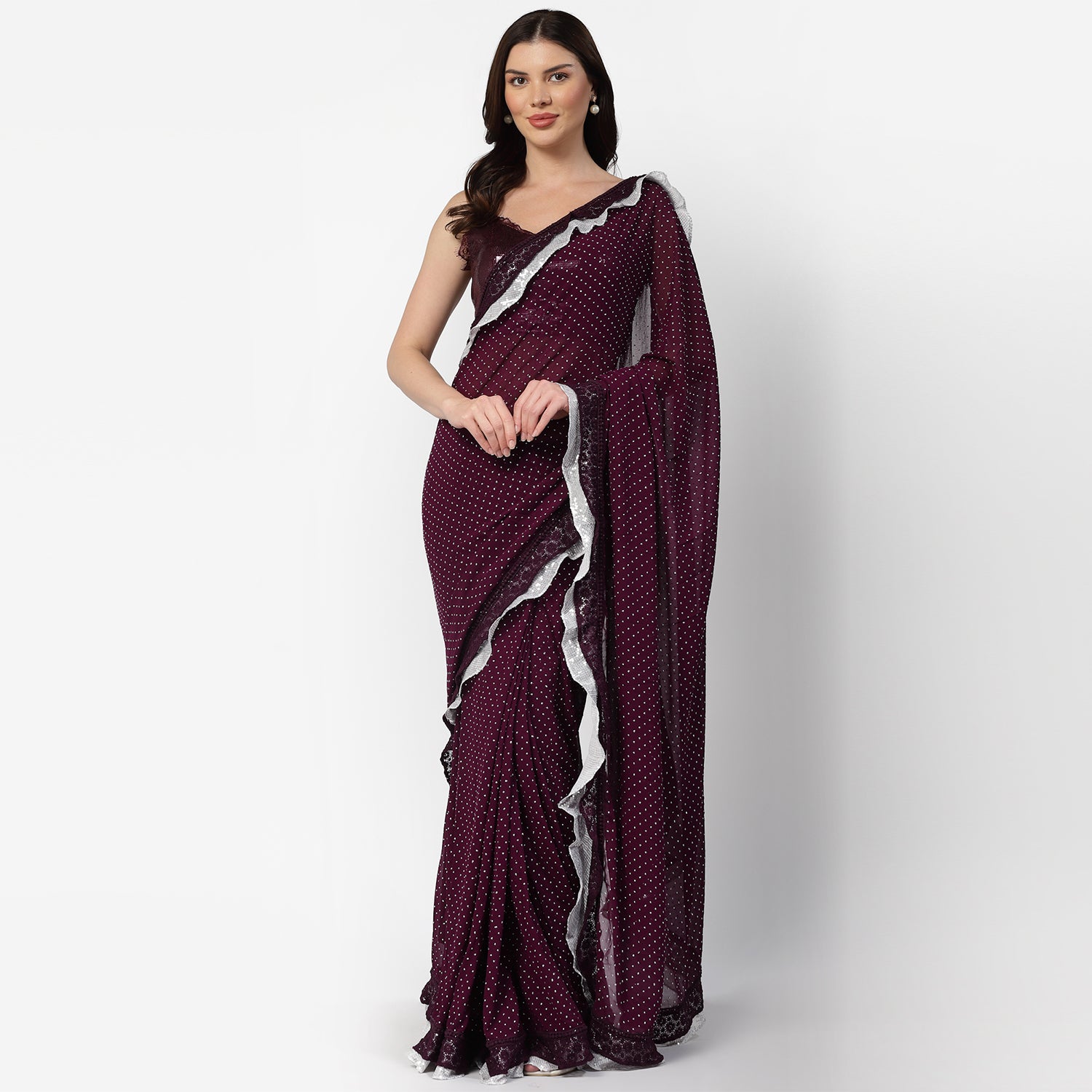 Purple Georgette Saree With Silver Dot And Sequins Frill, saree for women, saree designs, trendy sarees, party wear saree, party wear saree for women