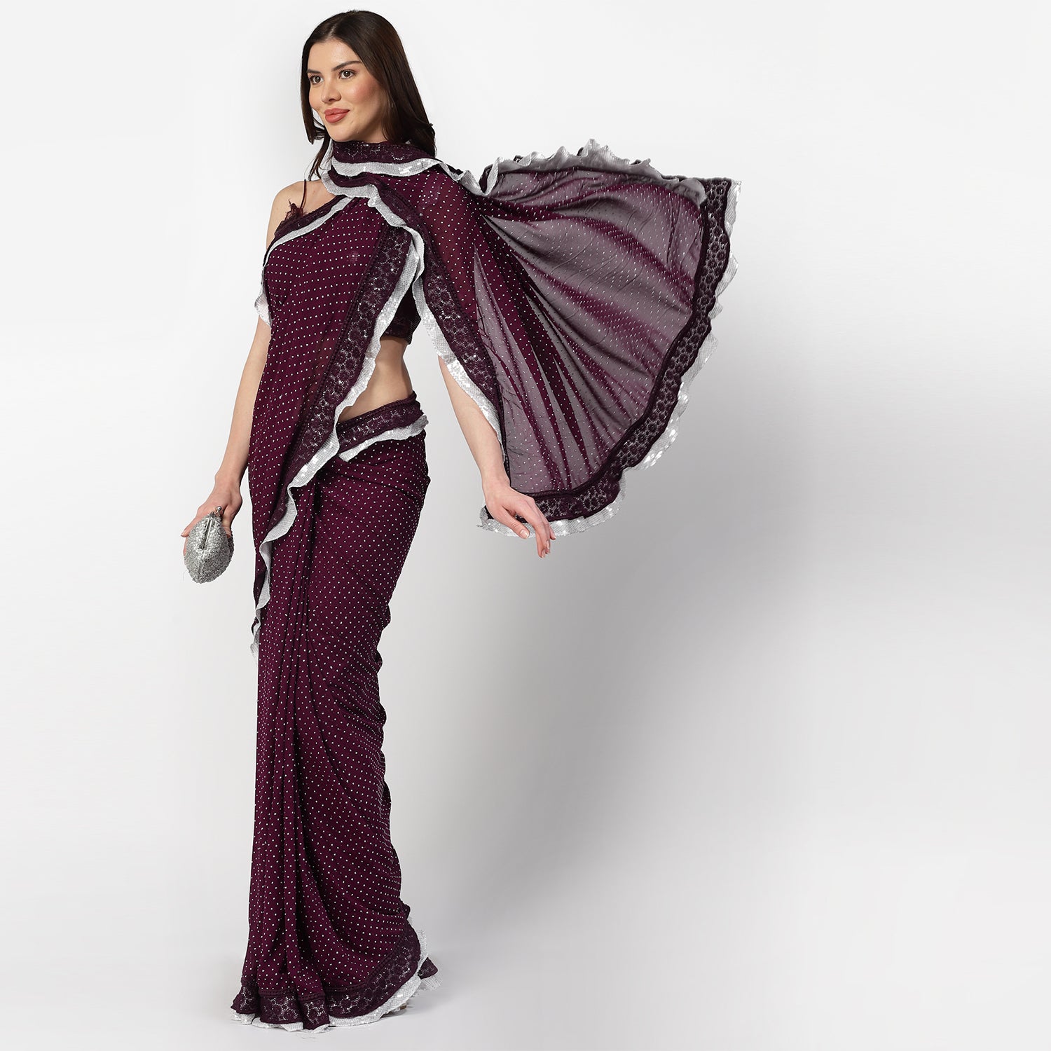 Purple Georgette Saree With Silver Dot And Sequins Frill, saree for women, saree designs, trendy sarees, party wear saree, party wear saree for women