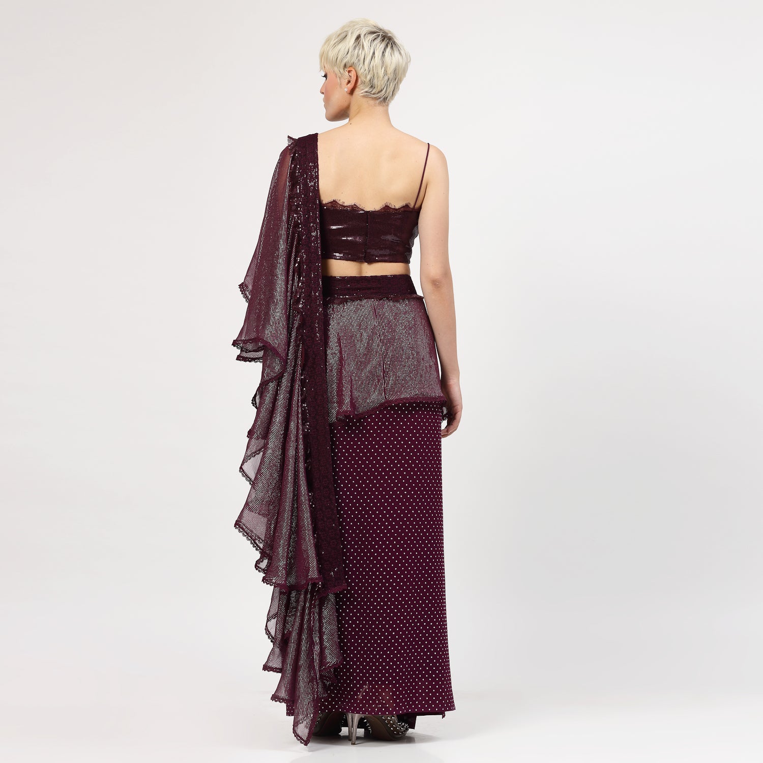 Purple Georgette Saree With Silver Dots And Lurex Frill, saree for women, saree designs, trendy sarees, party wear saree, party wear saree for women