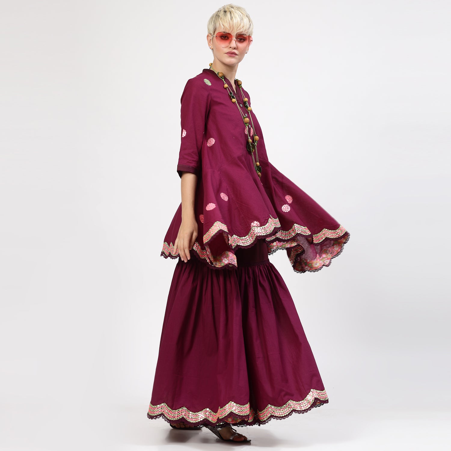 Purple Glaze Cotton Sharara With Mirror Embroidery At Hem, women sharara, designs, women wear, occasional wear