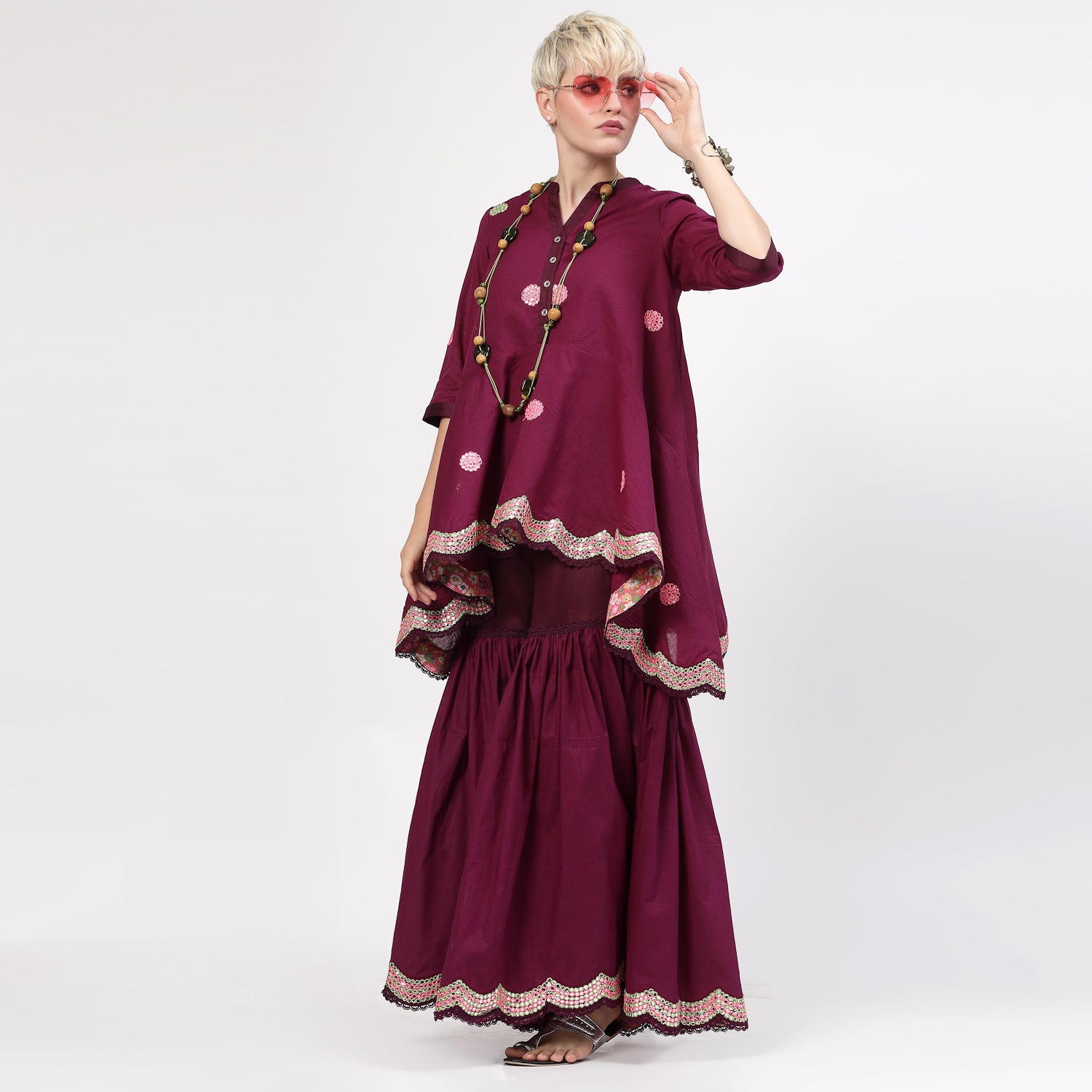 Purple Glaze Cotton Sharara With Mirror Embroidery At Hem, women sharara, designs, women wear, occasional wear