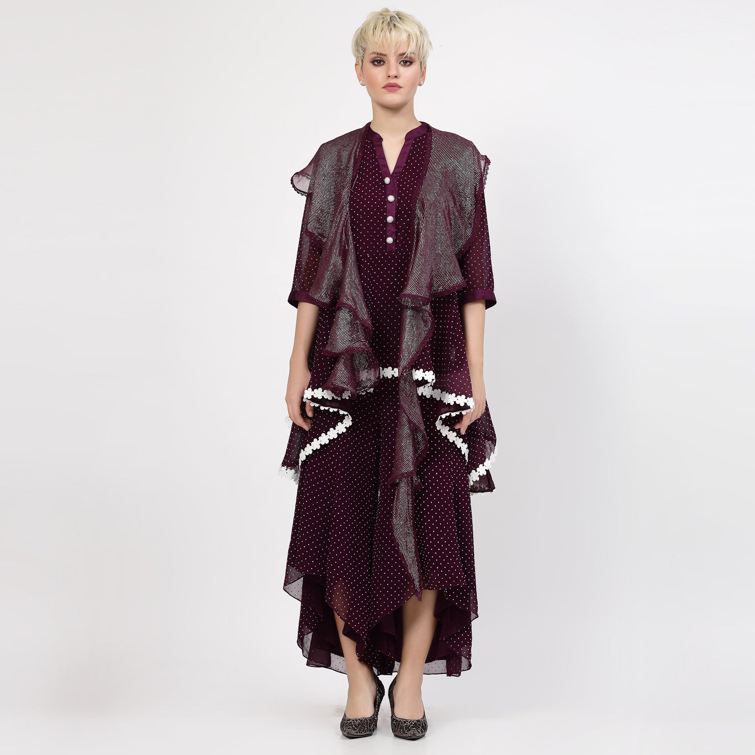 Purple Lurex Dupatta With Lace, Mesh Dress , Party dress , Holographic print dress , sequins dress 