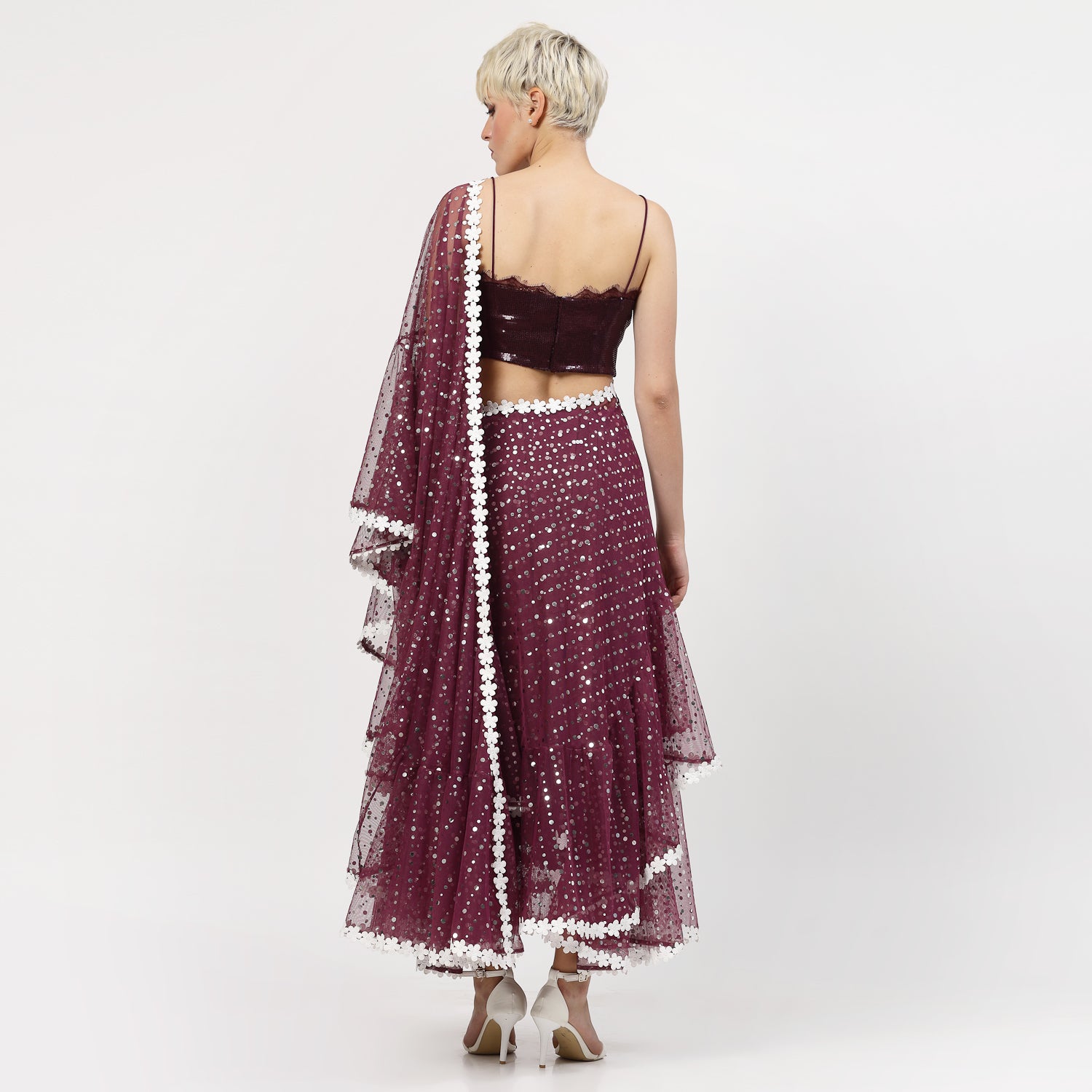 Purple Net Sequins Saree With Flower Lace, saree for women, saree designs, trendy sarees, party wear saree, party wear saree for women