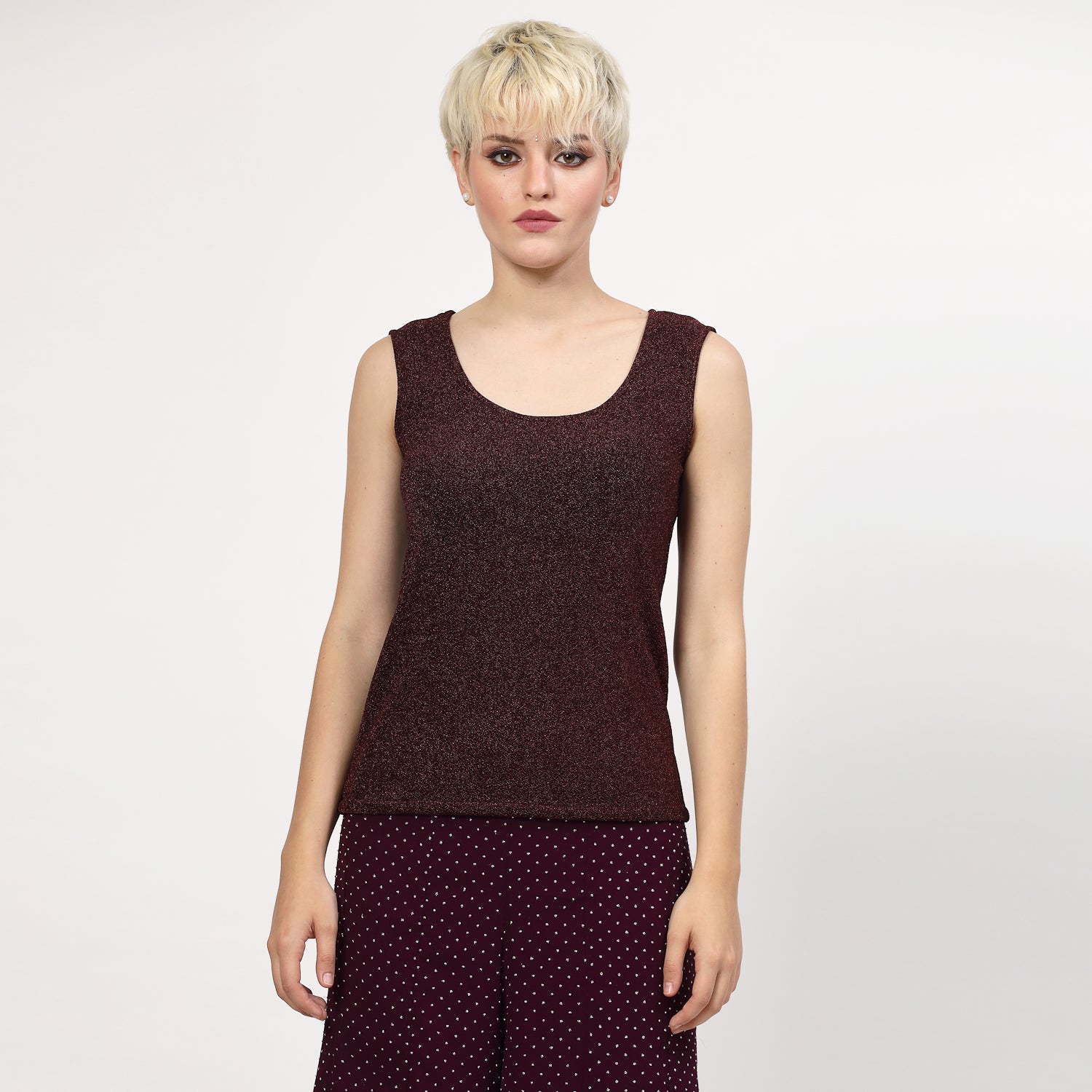 Purple Shimmer Sleeveless Lycra Top for Women