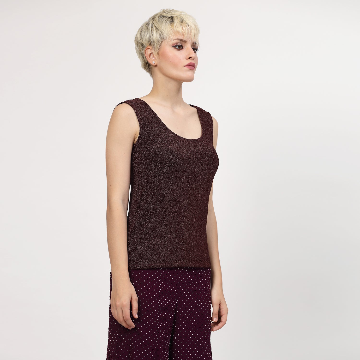 Purple Shimmer Without Sleeves Lycra Top, tops for women, crop top, crop tops for women, organza tops