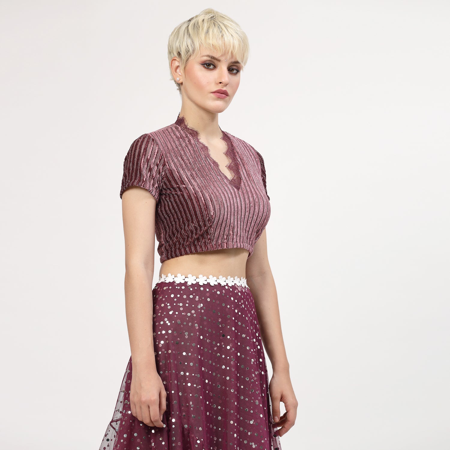 Purple Velvet Blouse With French Lace, Blouses, women blouses, trendy blouses, fashionable blouses, blouses designs