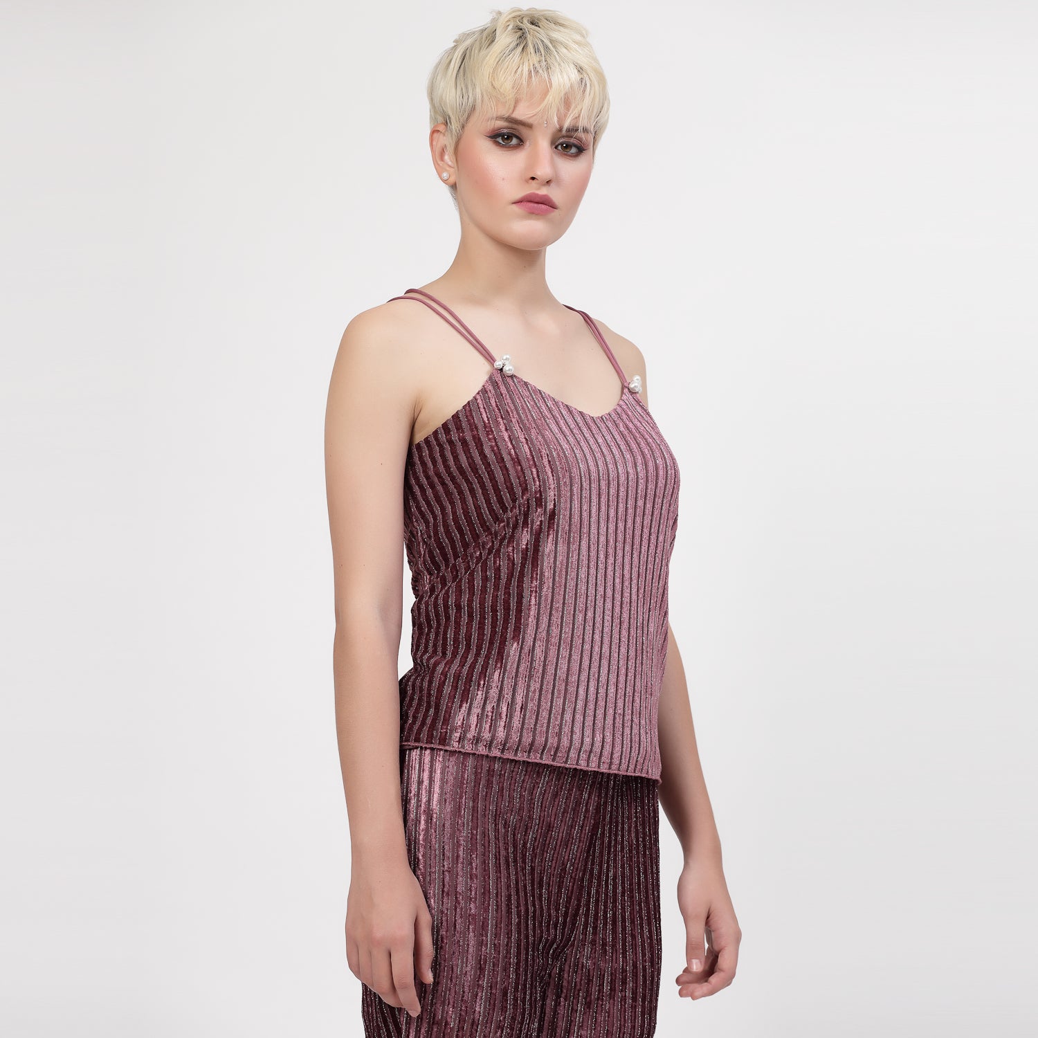 Purple Velvet Spaghetti Top With Strings And Pearl Beads,  tops for women, crop top, crop tops for women, organza tops