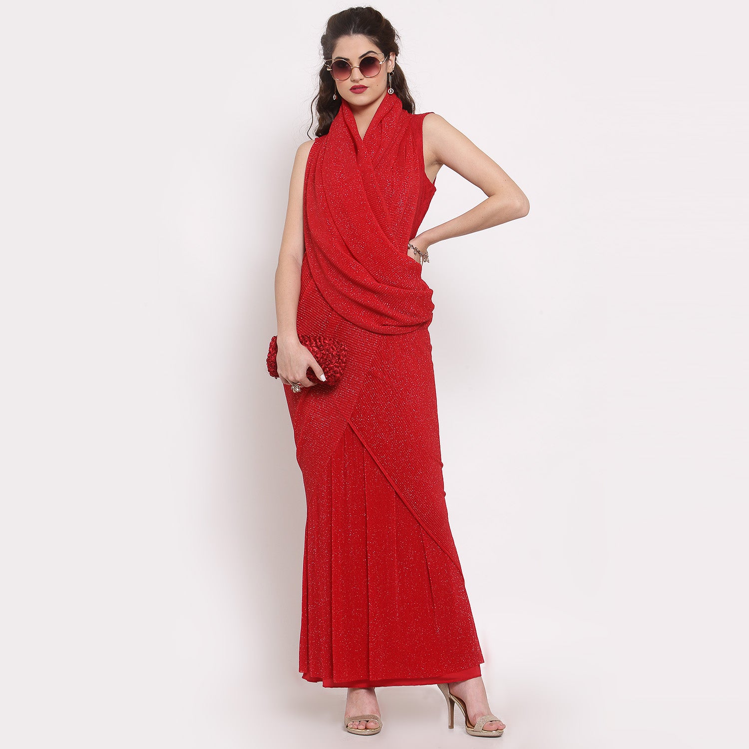 Red Drape Saree With Net And Plisse Fabric,  saree for women, saree designs, trendy sarees, party wear saree, party wear saree for women