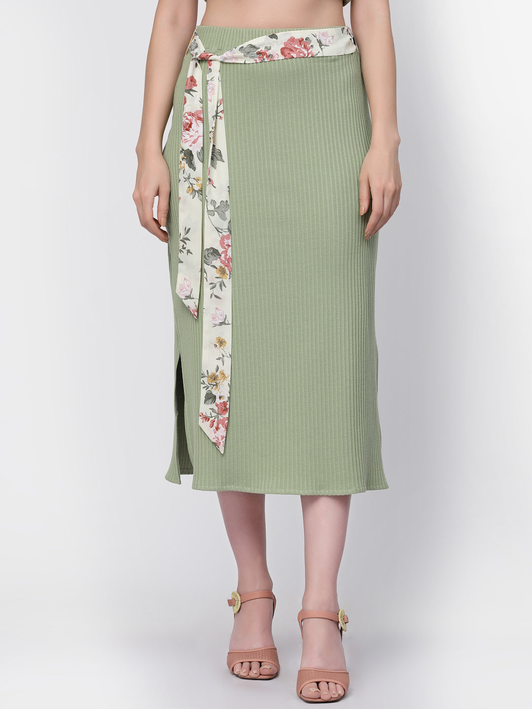 Ribbed Straight Green Lining Skirt for Women